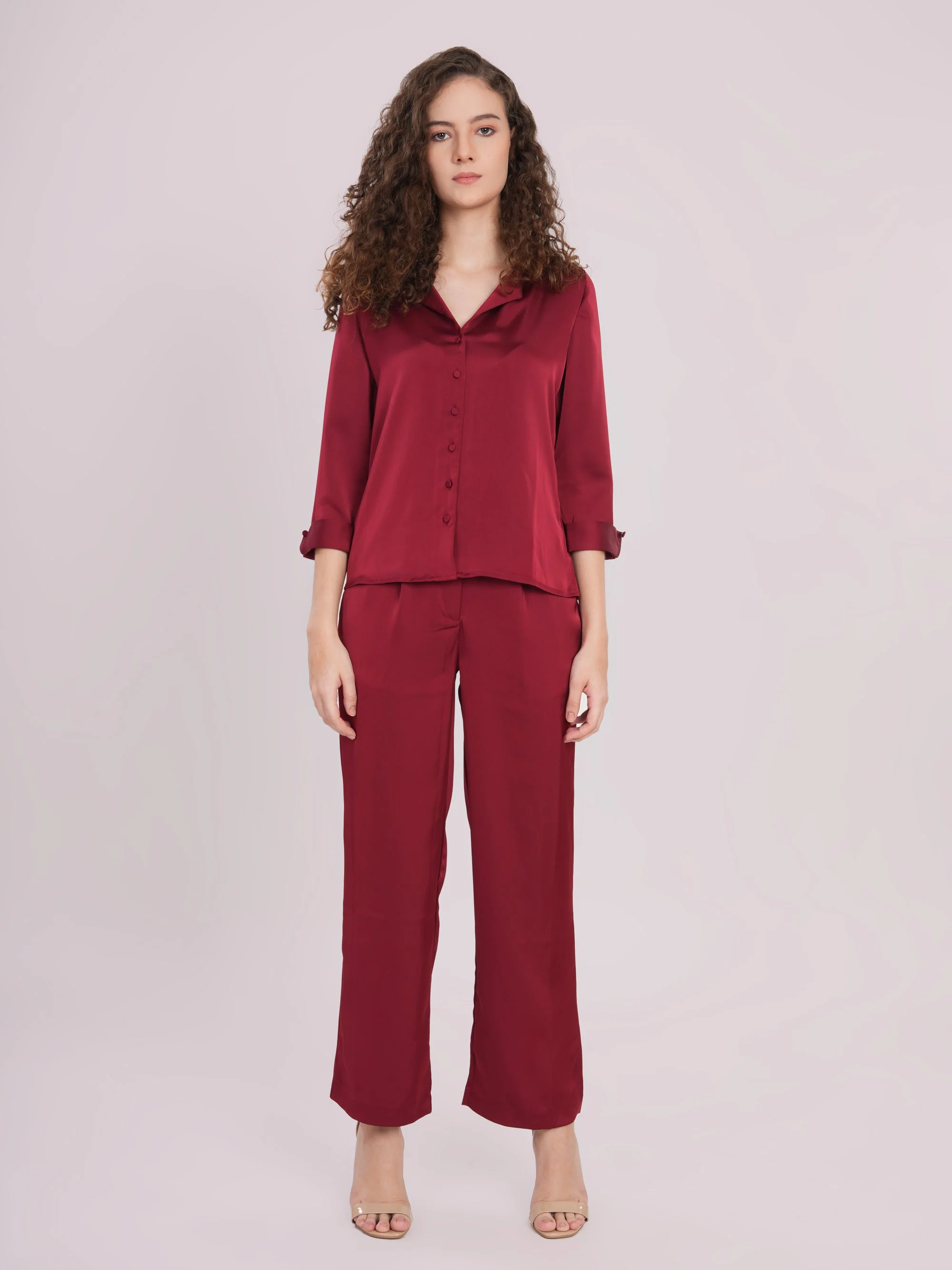 Red satin cord-set