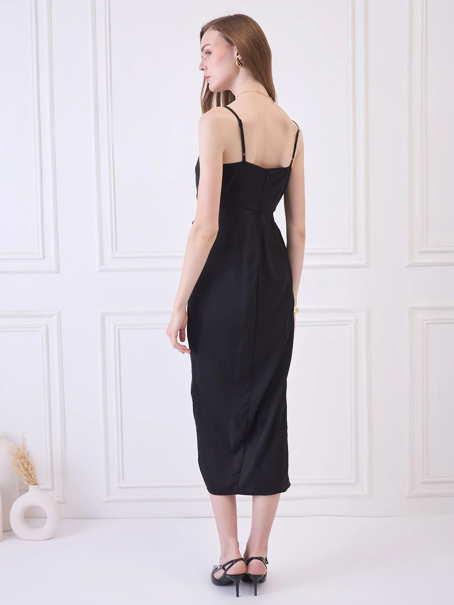 BLACK COWL NECK DRESS WITH SLIT