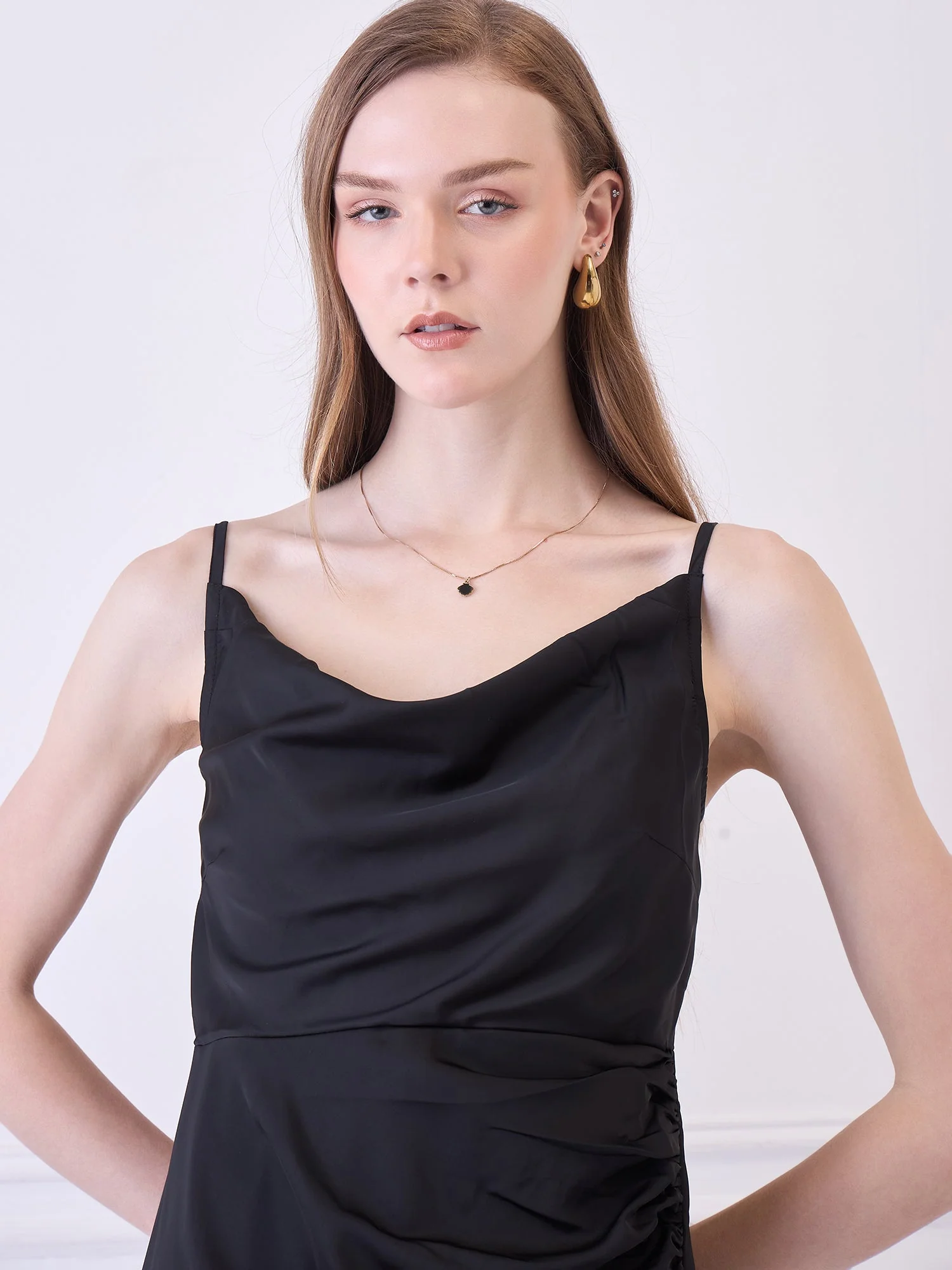 BLACK COWL NECK DRESS WITH SLIT - Image 2