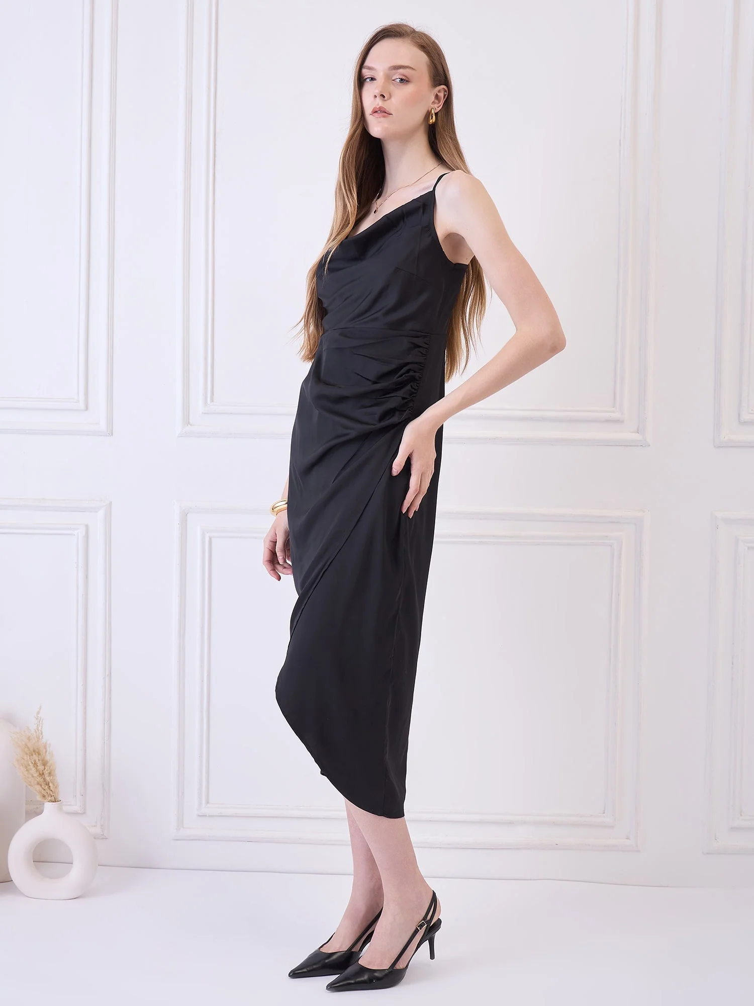 BLACK COWL NECK DRESS WITH SLIT - Image 3