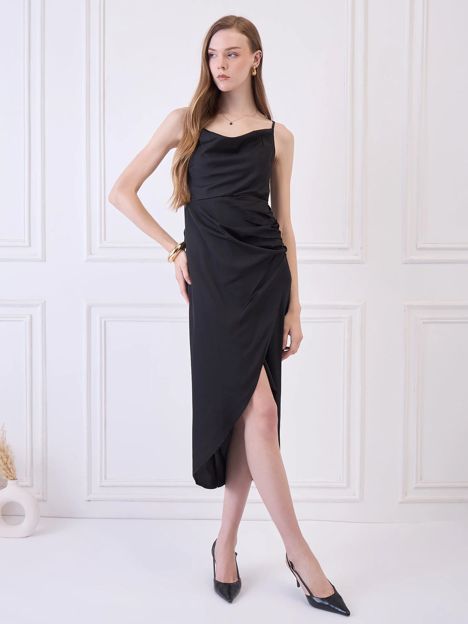 BLACK COWL NECK DRESS WITH SLIT - Image 4