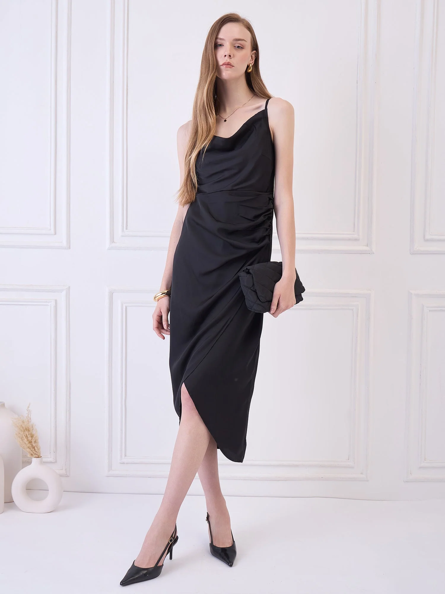 BLACK COWL NECK DRESS WITH SLIT - Image 5