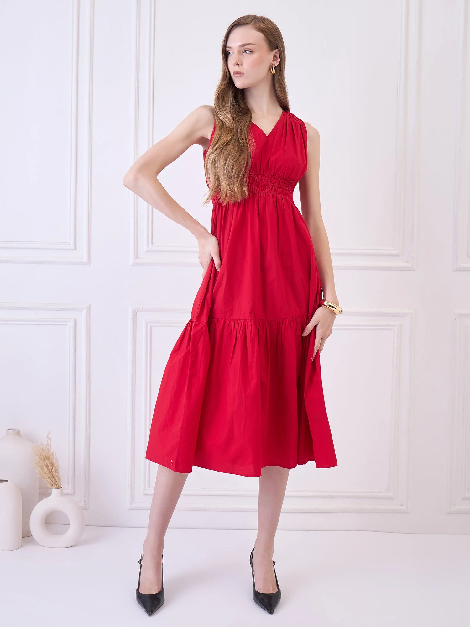 Flawless Cotton Fit and Flare Dress - Red color - Image 3