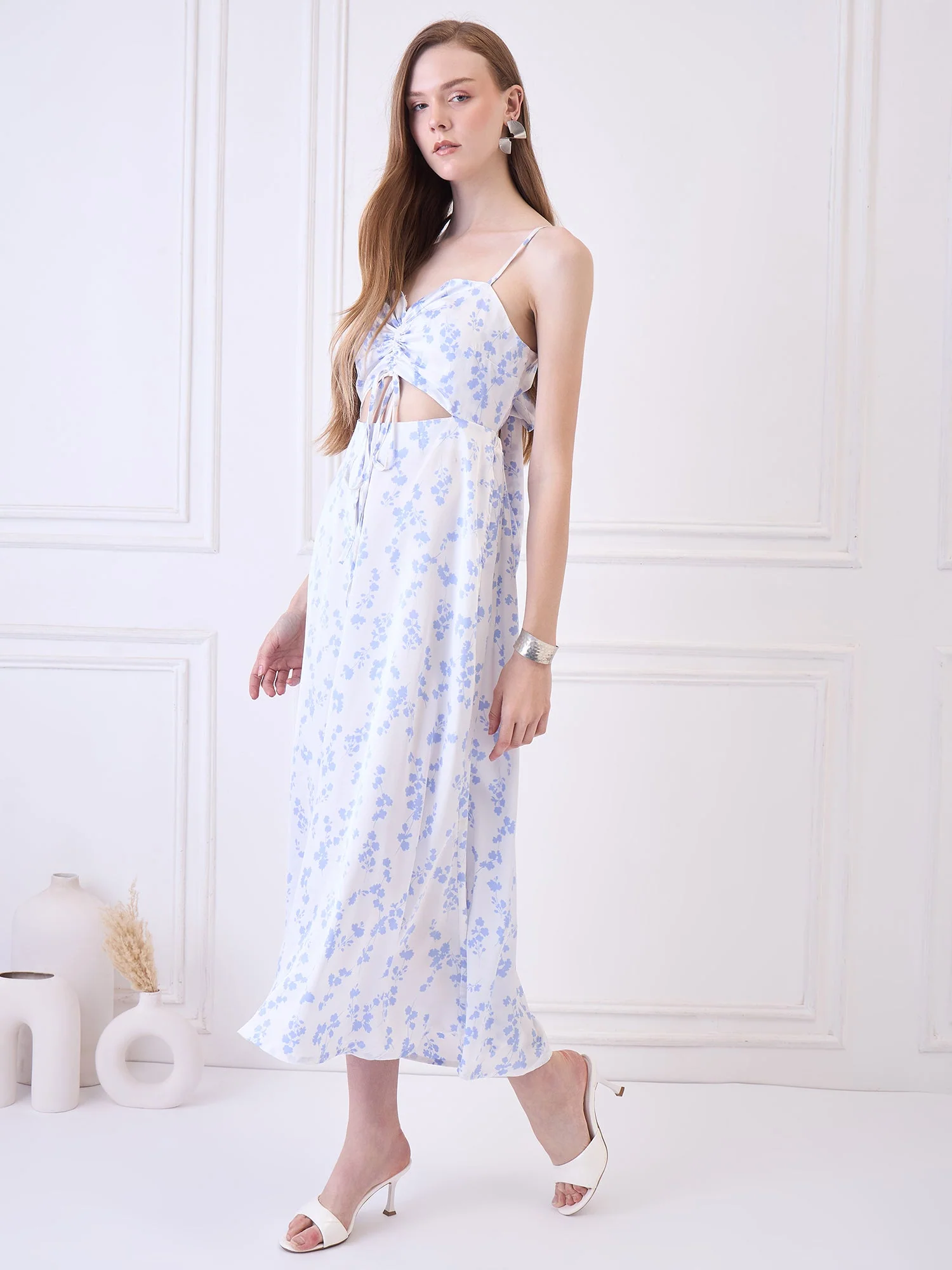 Flawless Cutout Satin Dress - Blue and White - Image 4
