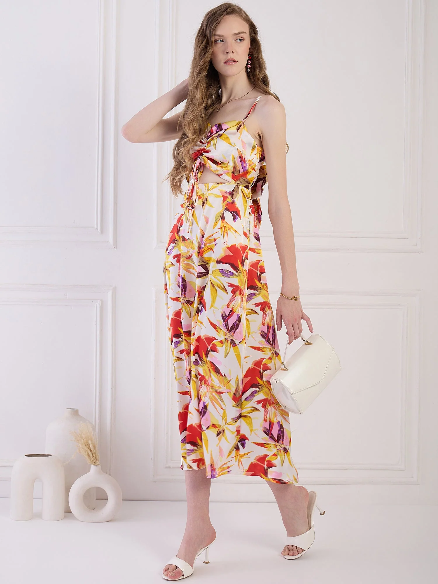 Flawless Floral cut out Satin Dress - Yellow & Orange - Image 2