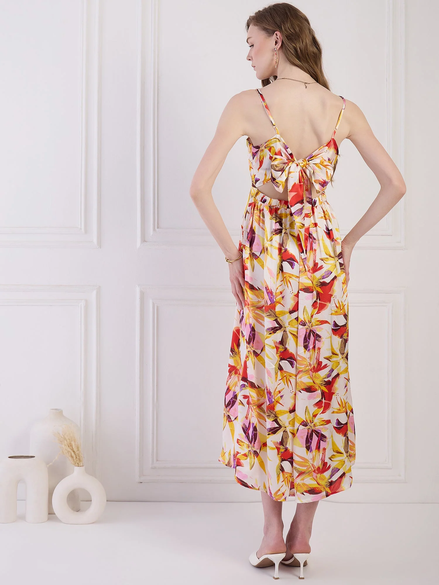 Flawless Floral cut out Satin Dress - Yellow & Orange - Image 3
