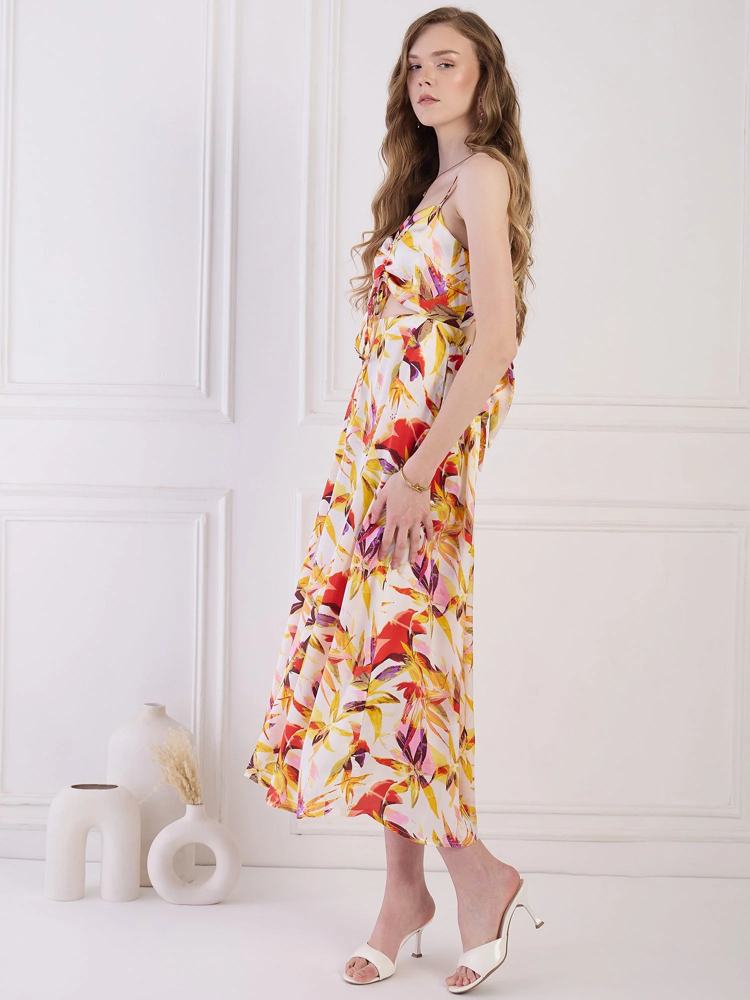Flawless Floral cut out Satin Dress - Yellow & Orange - Image 4