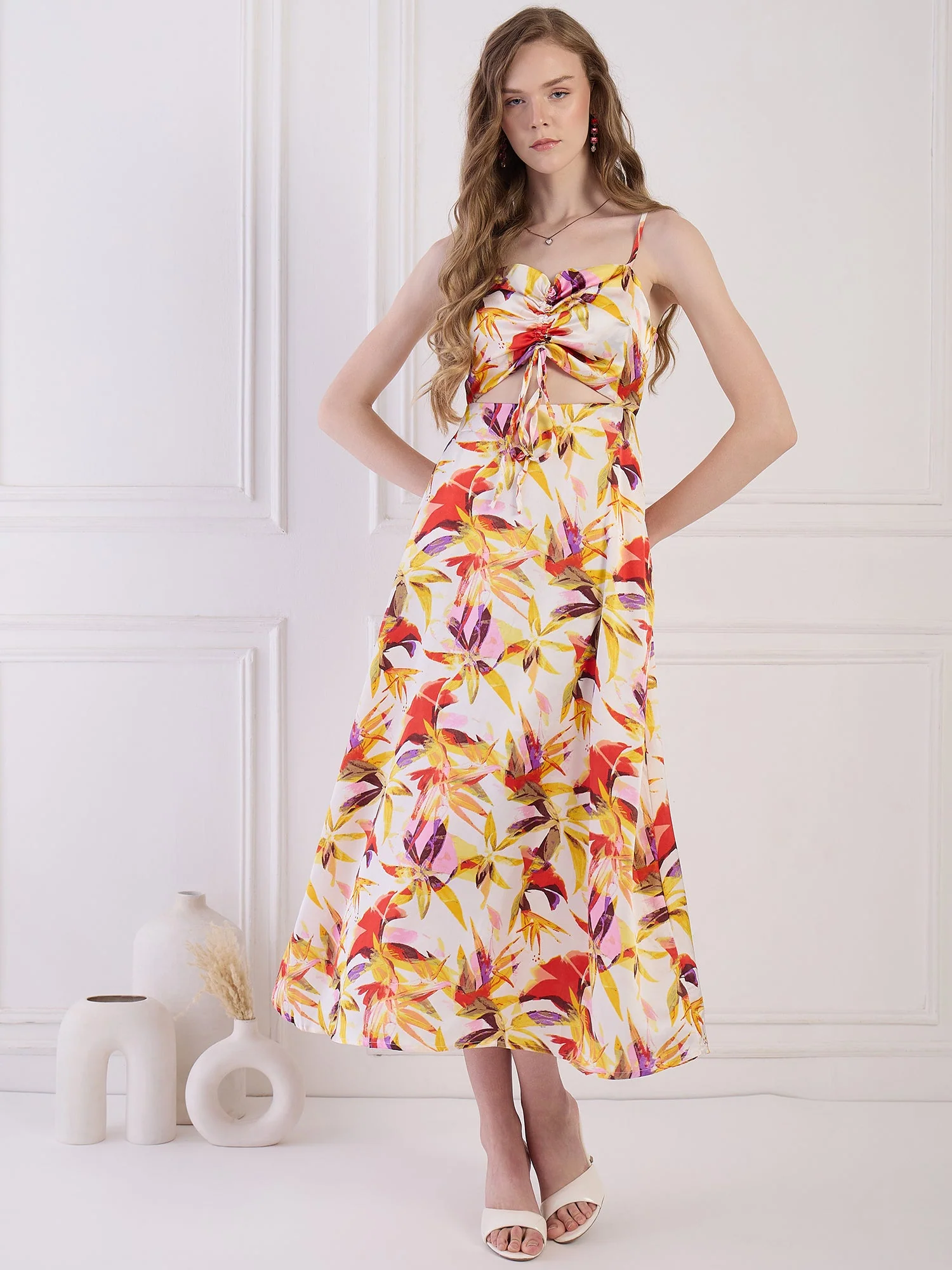 Flawless Floral cut out Satin Dress - Yellow & Orange - Image 6