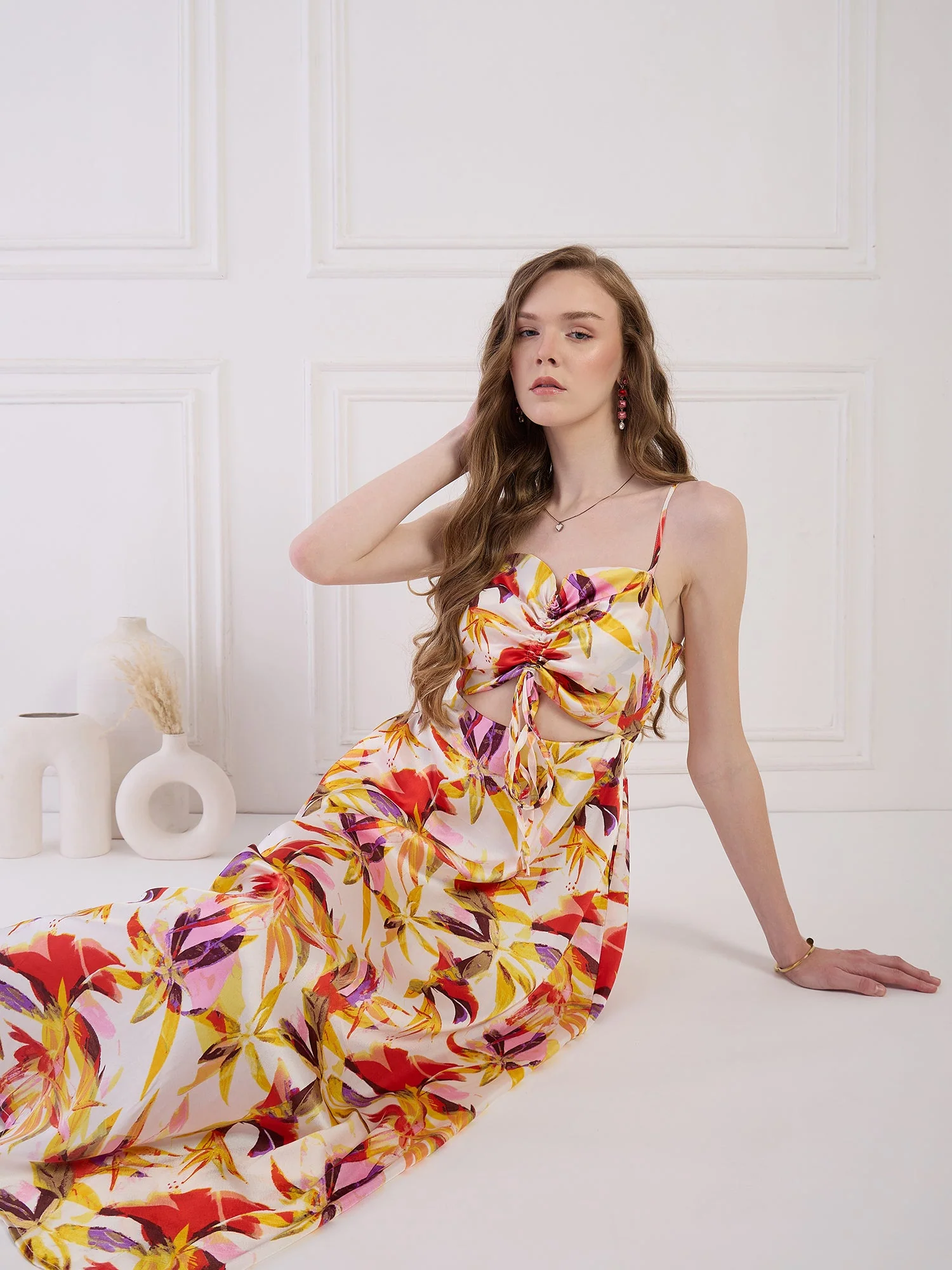 Flawless Floral cut out Satin Dress - Yellow & Orange - Image 7