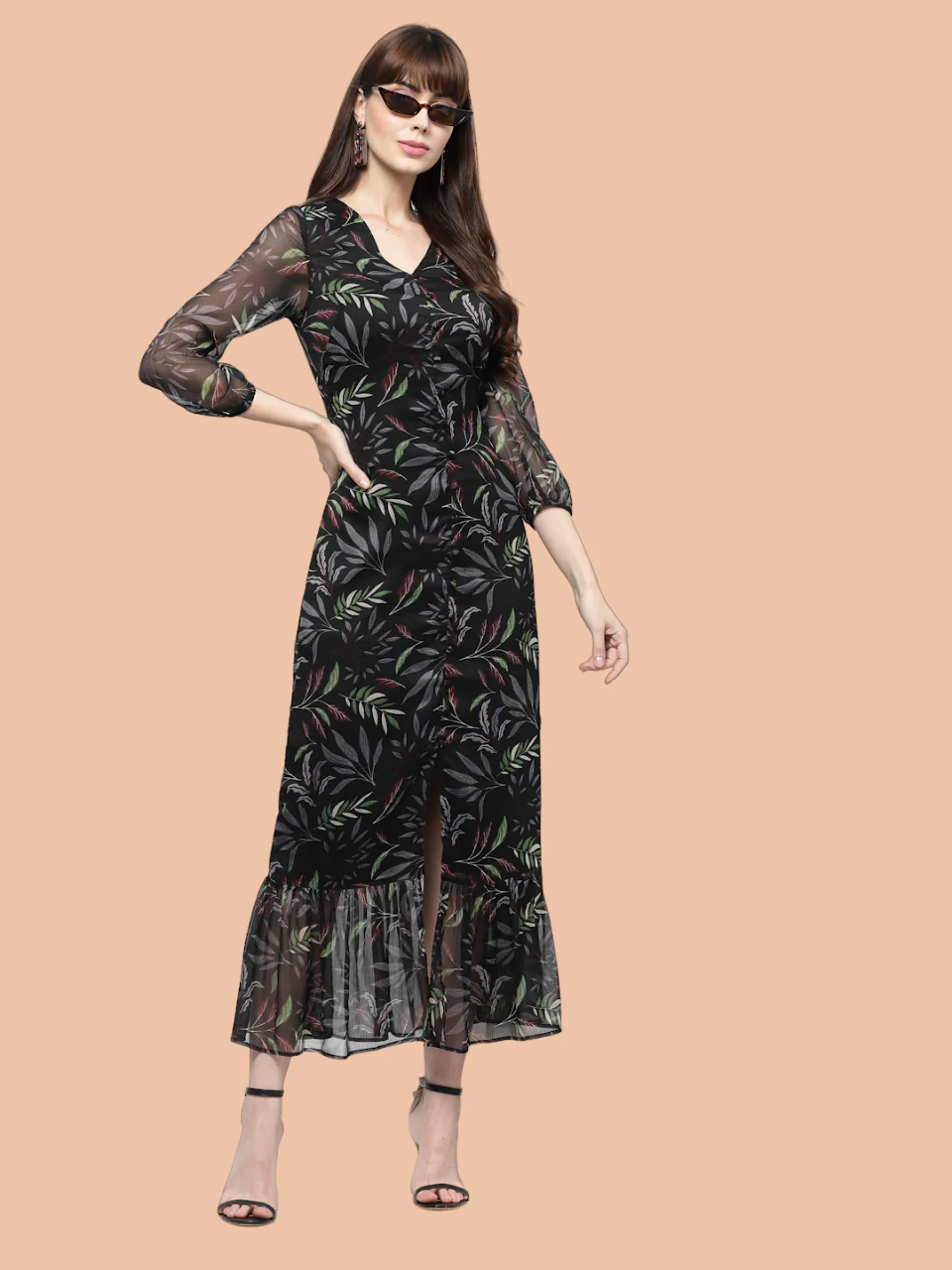 Flawless Leaf Print Flared Midi Dress For Women | TULIP