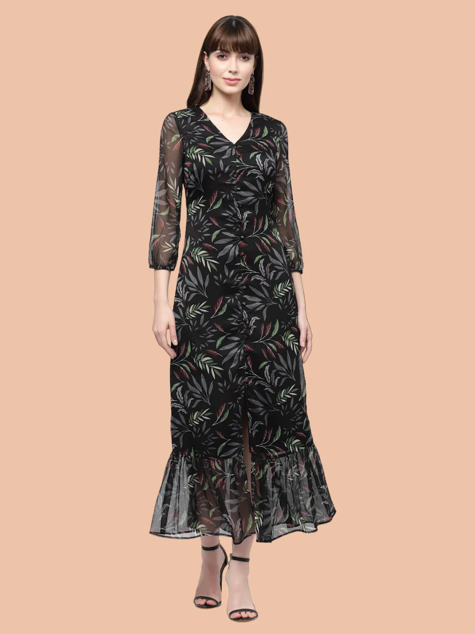 Flawless Leaf Print Flared Midi Dress For Women | TULIP - Image 2