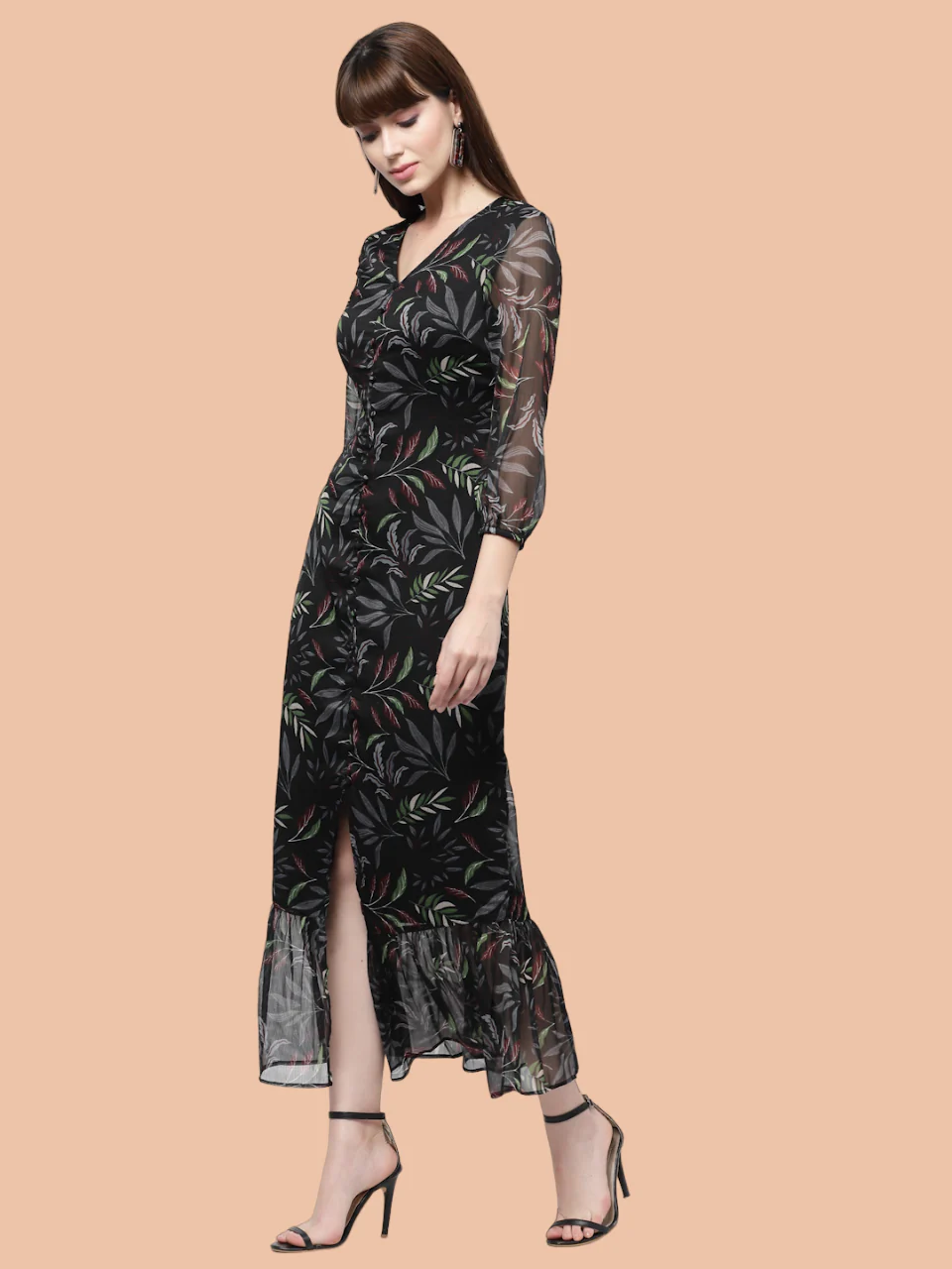 Flawless Leaf Print Flared Midi Dress For Women | TULIP - Image 6