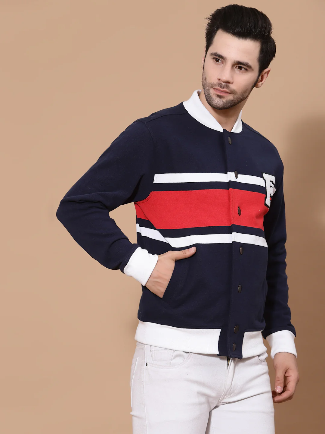 Flawless Men Colourblocked Cotton Bomber with Patchwork Jacket - Image 5
