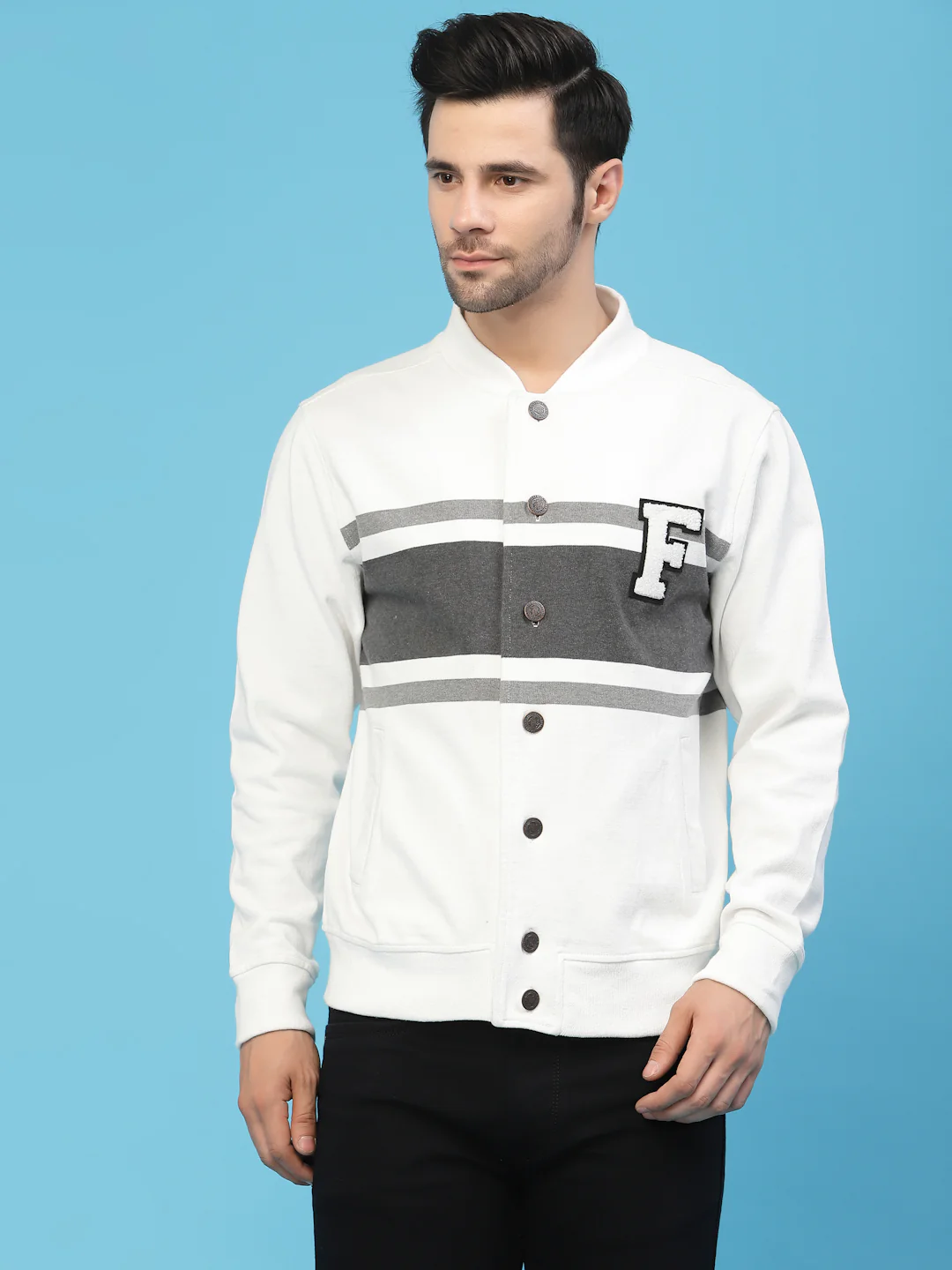 Flawless Men Grey Cotton Bomber with Patchwork Jacket - Image 4