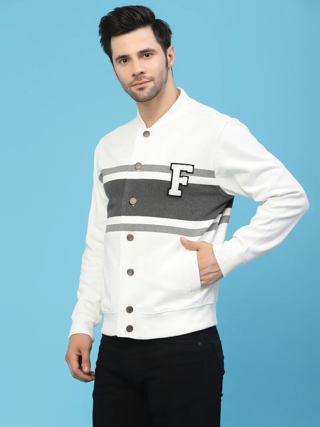 Flawless Men Grey Cotton Bomber with Patchwork Jacket - Image 5