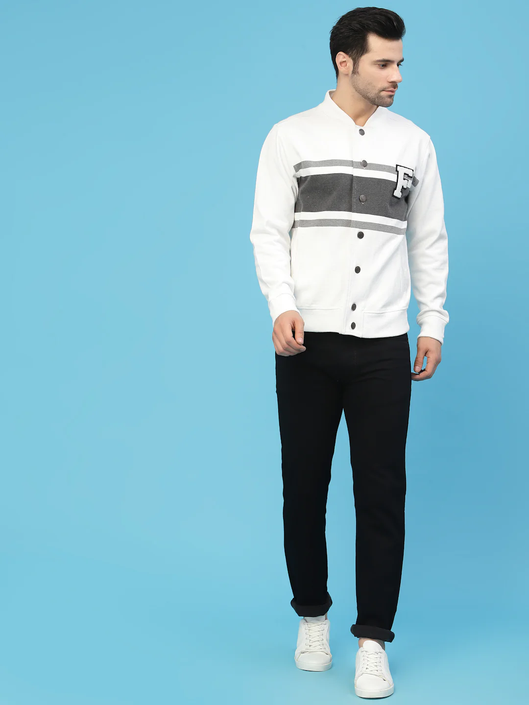 Flawless Men Grey Cotton Bomber with Patchwork Jacket - Image 6