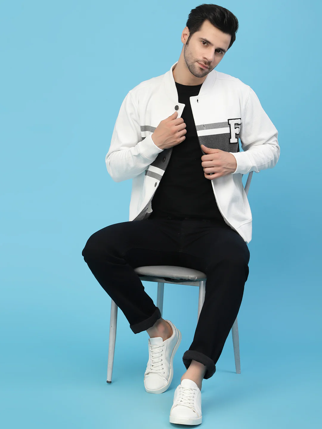 Flawless Men Grey Cotton Bomber with Patchwork Jacket - Image 7