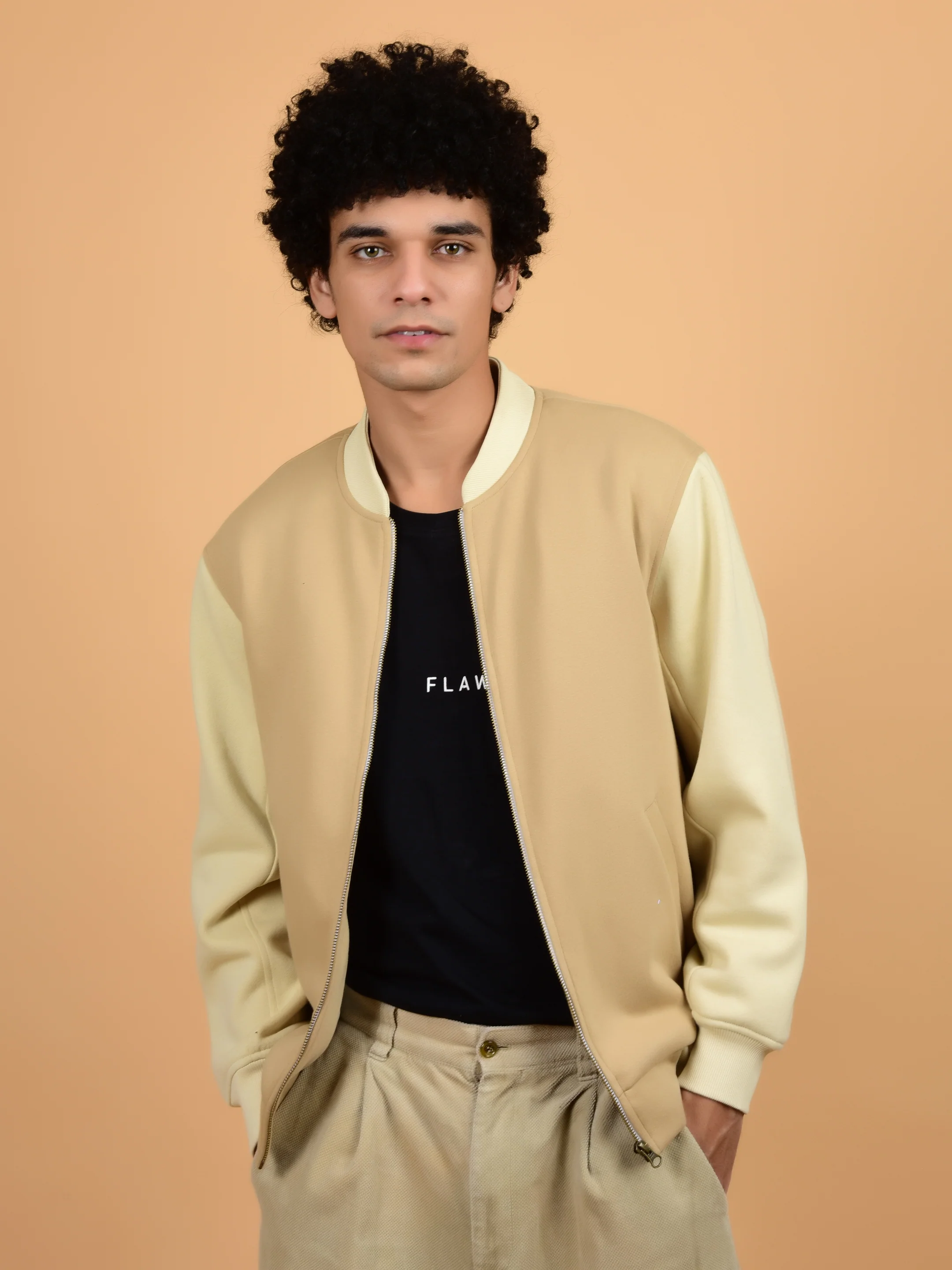 Flawless Men Printed Beige Bomber Jacket