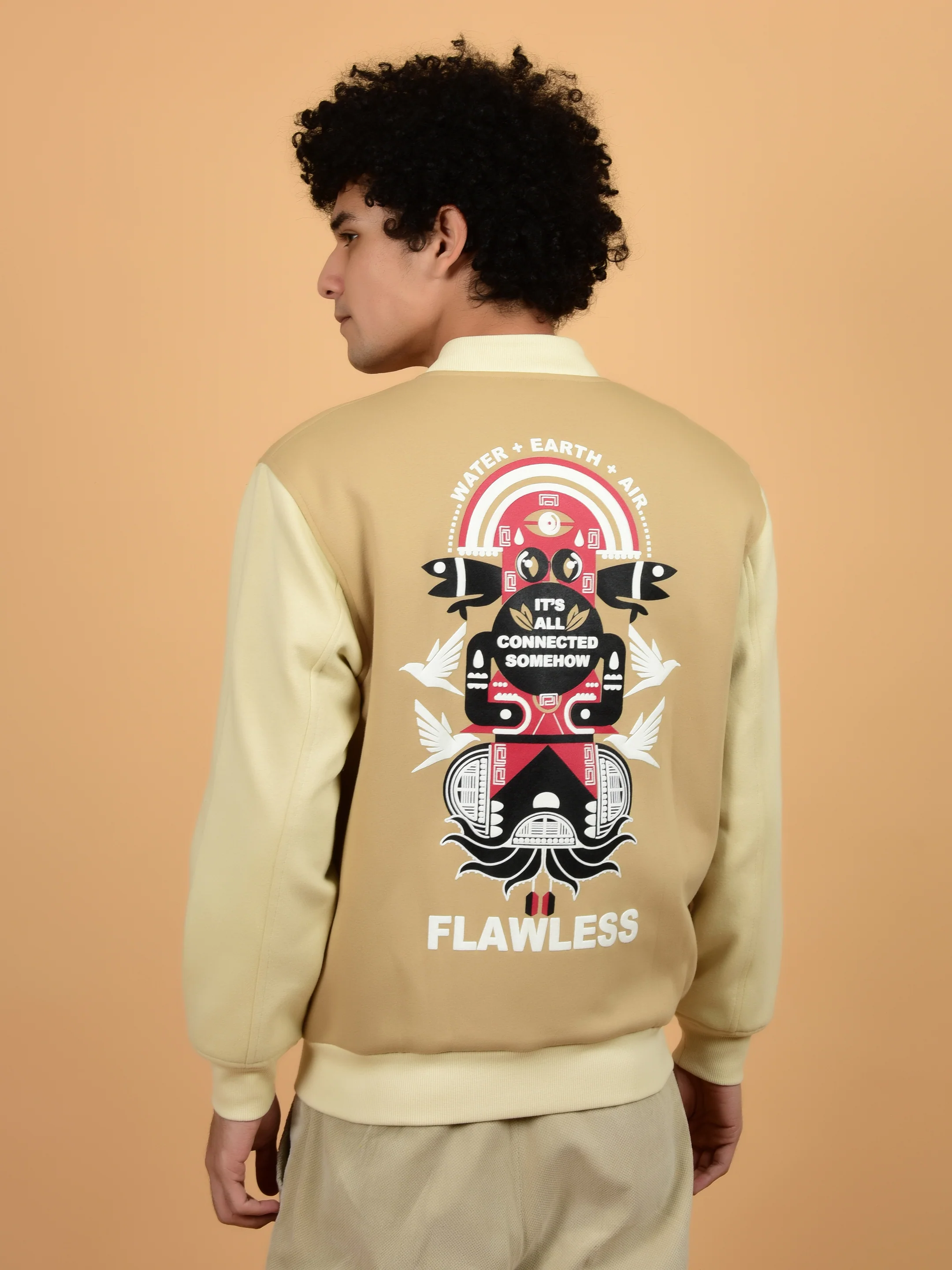 Flawless Men Printed Beige Bomber Jacket - Image 2