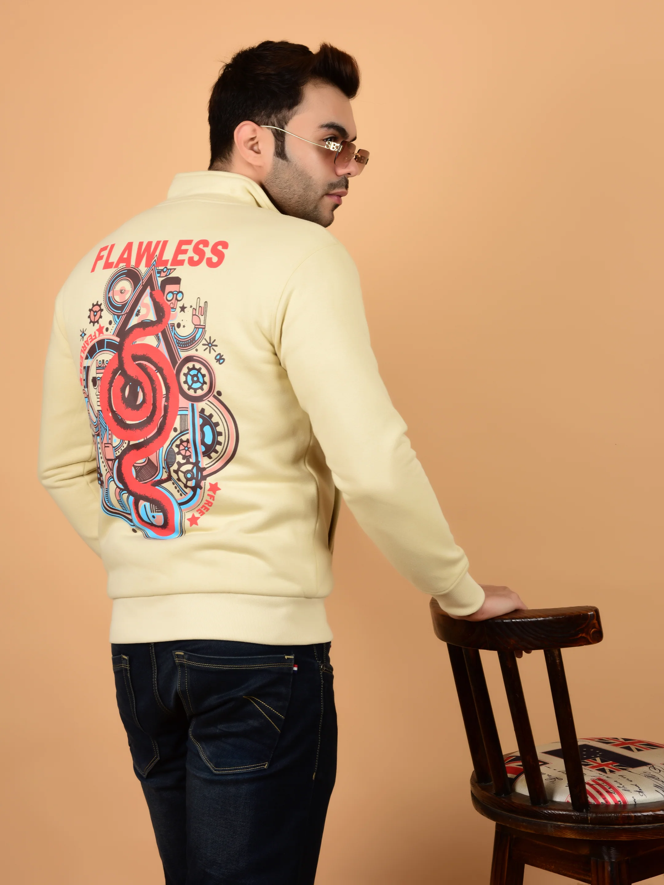 Flawless Men Printed Beige Bomber Jacket - Image 5