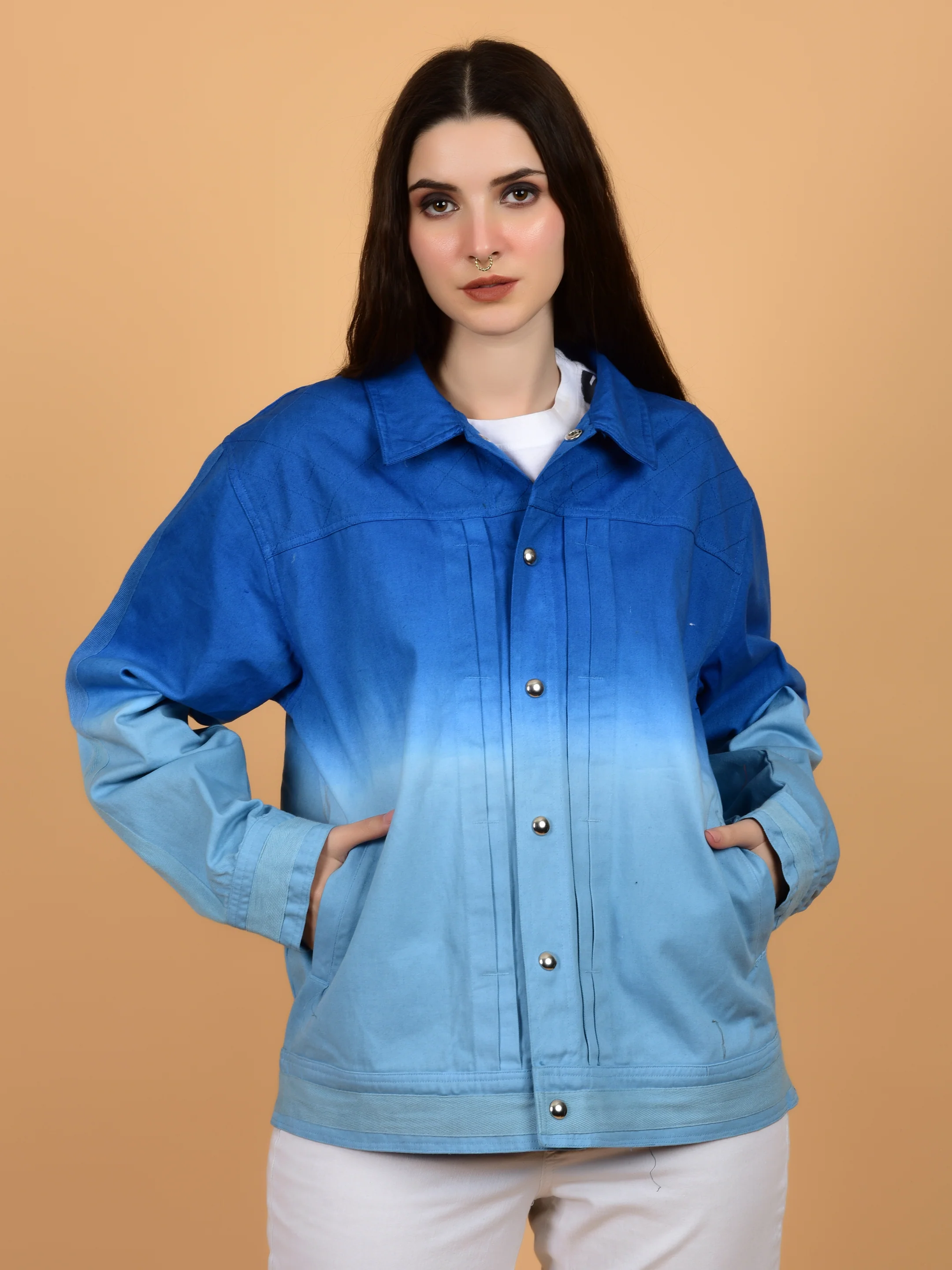 Flawless Blue & White Cotton Jacket for Women - Image 5
