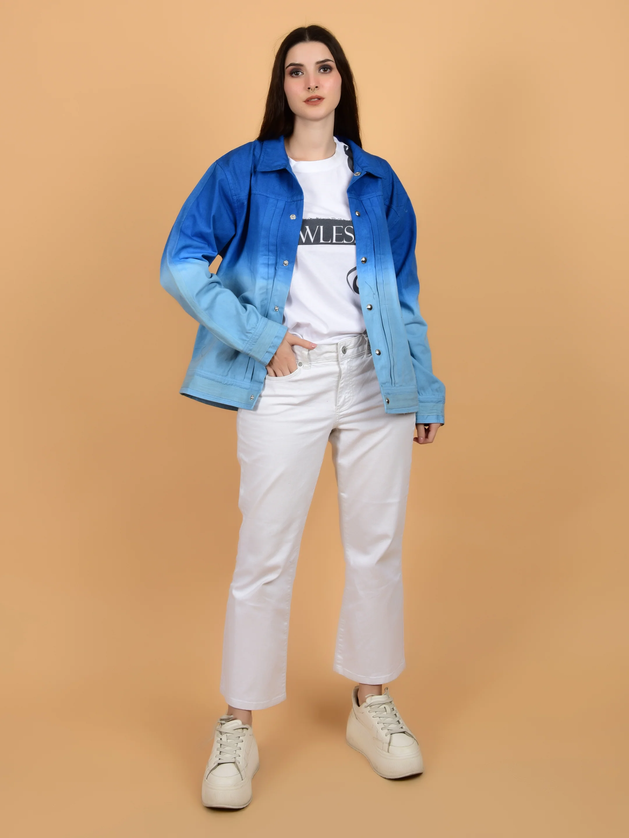 Flawless Blue & White Cotton Jacket for Women - Image 7