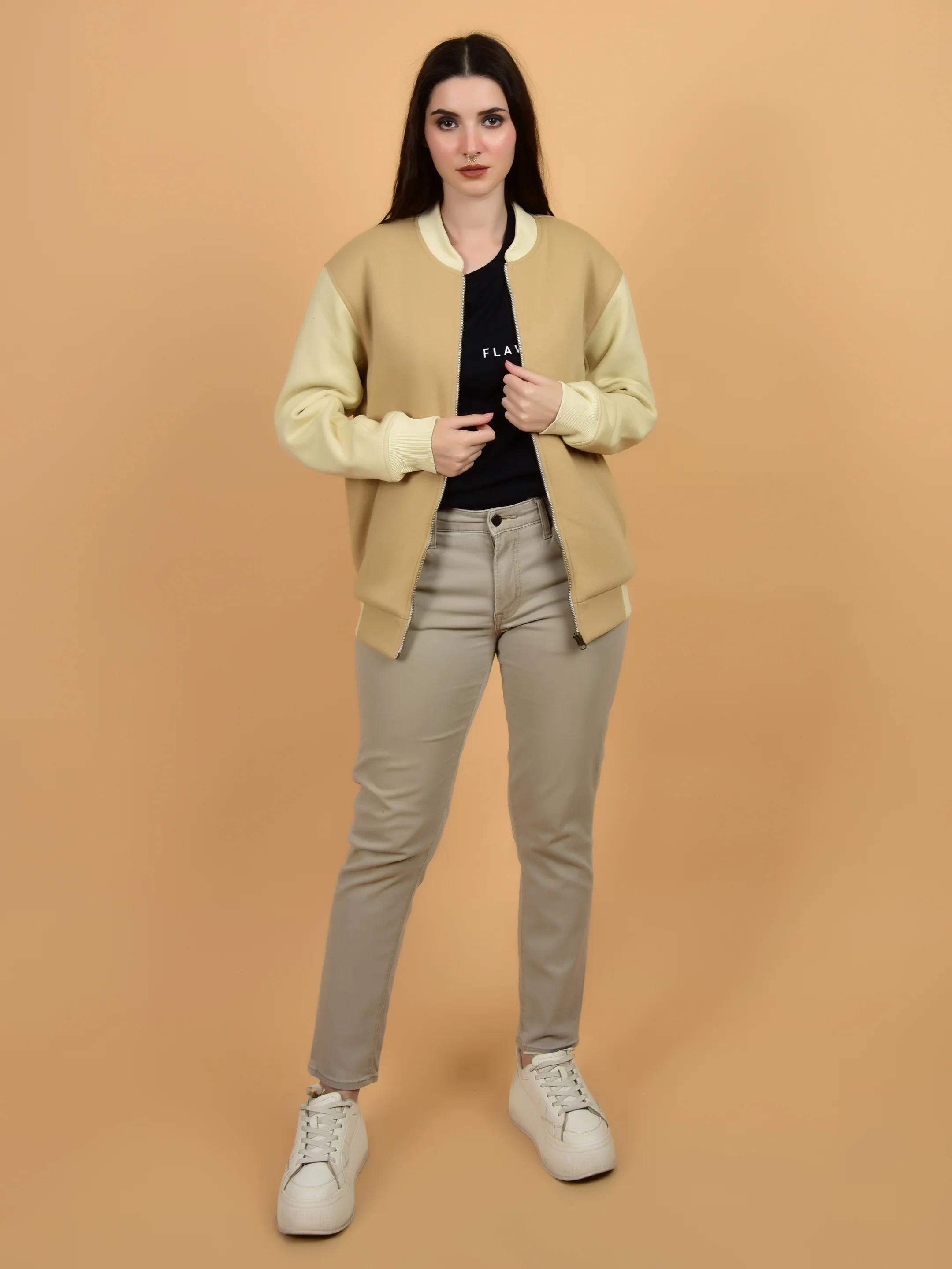 Flawless Women Printed Beige Bomber Jacket - Image 2