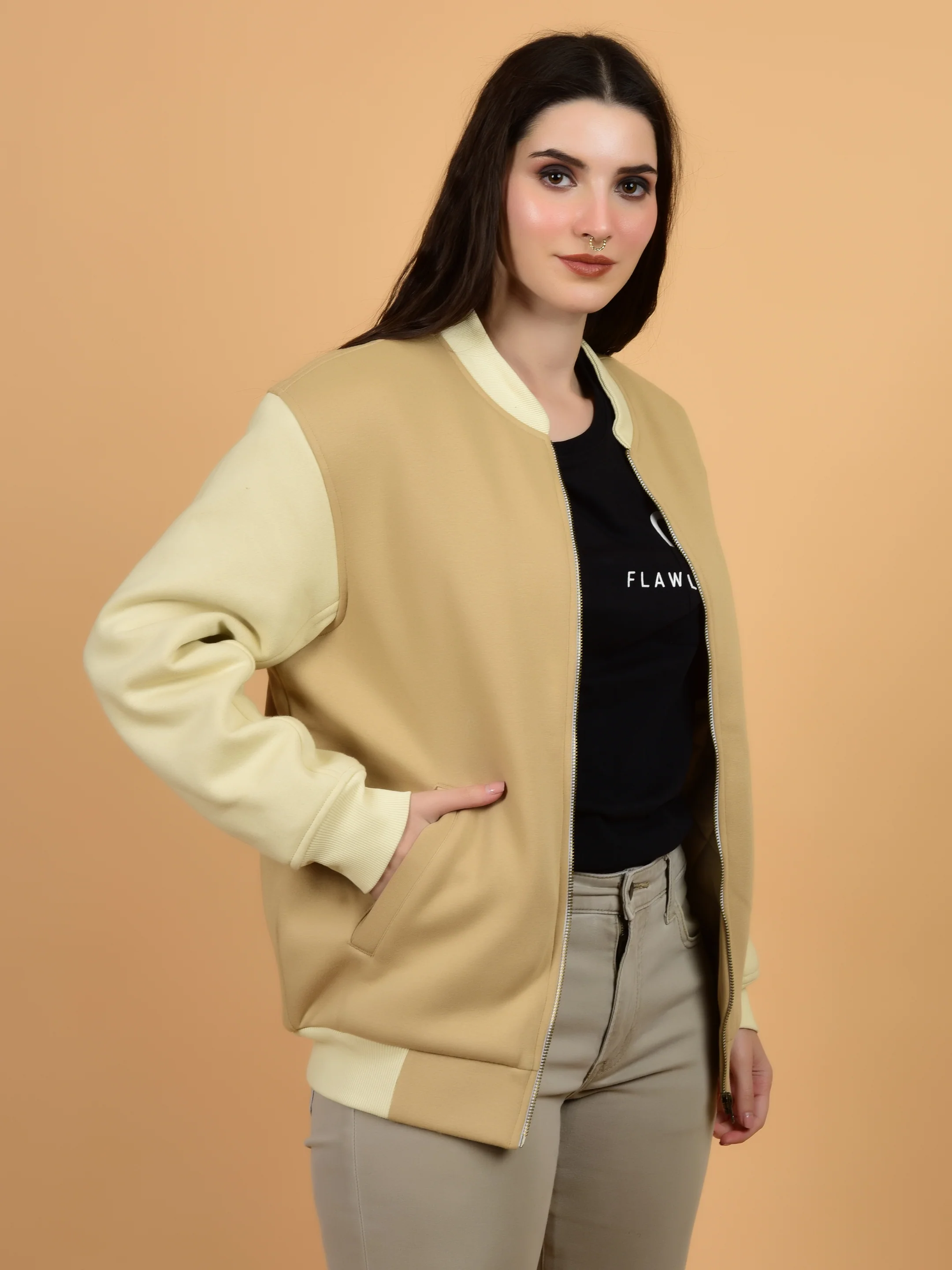 Flawless Women Printed Beige Bomber Jacket - Image 3