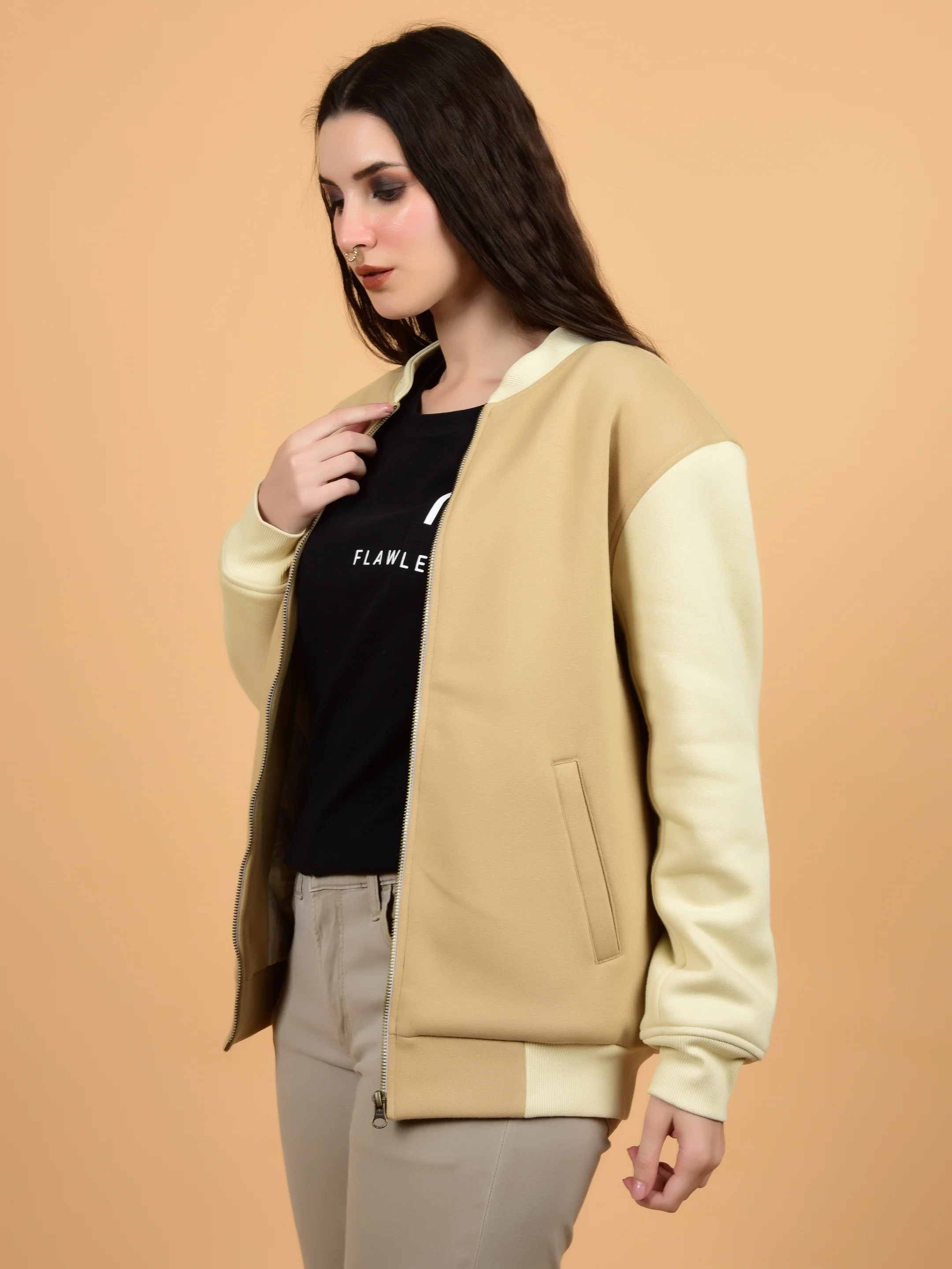 Flawless Women Printed Beige Bomber Jacket - Image 5