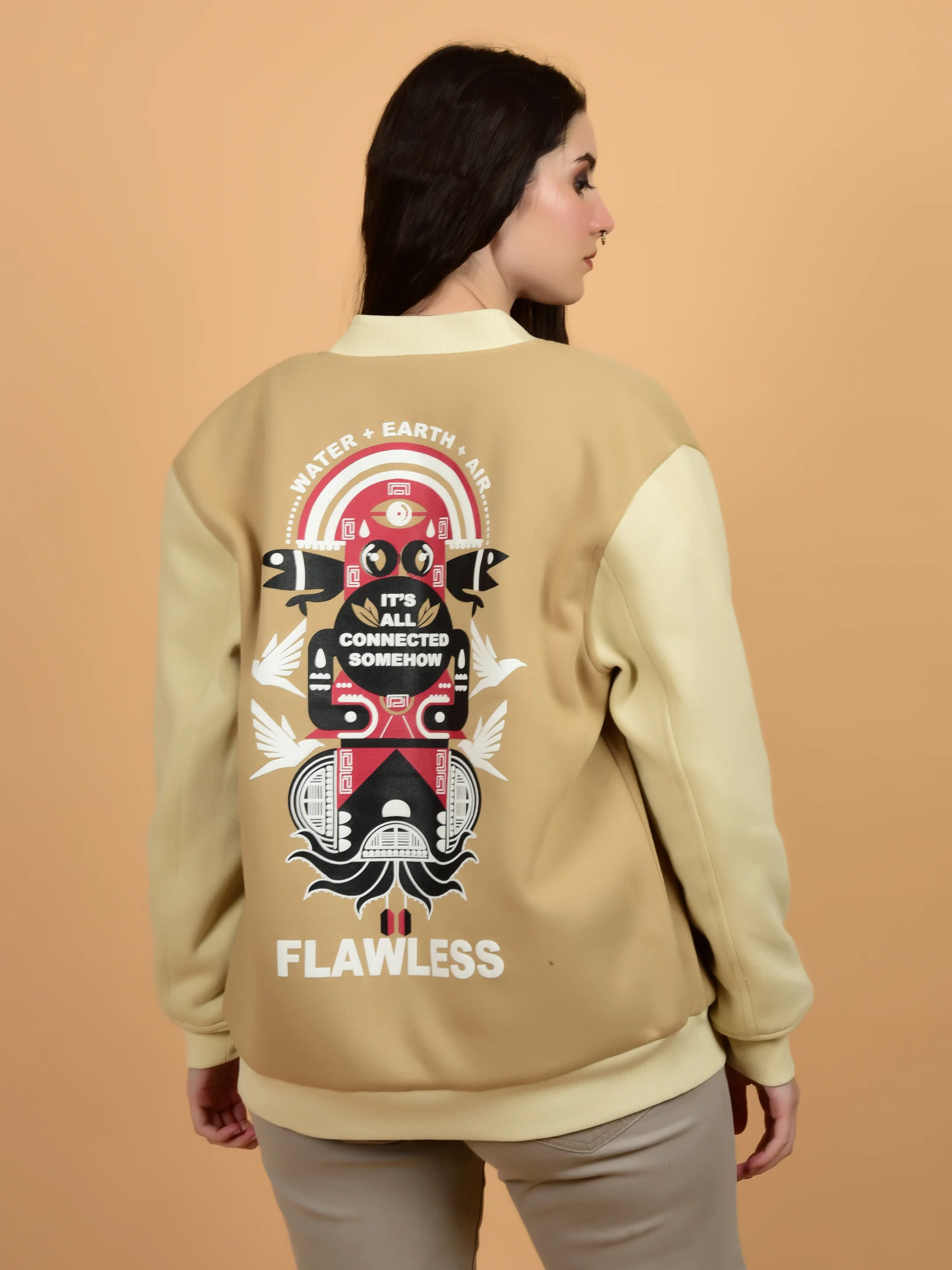 Flawless Women Printed Beige Bomber Jacket - Image 6