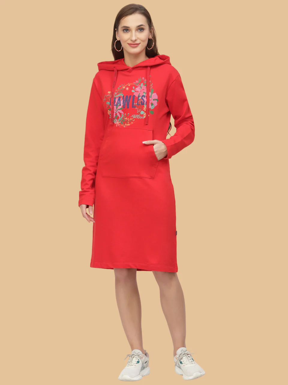 Flawless Women's Red Hooded Dress For Winter
