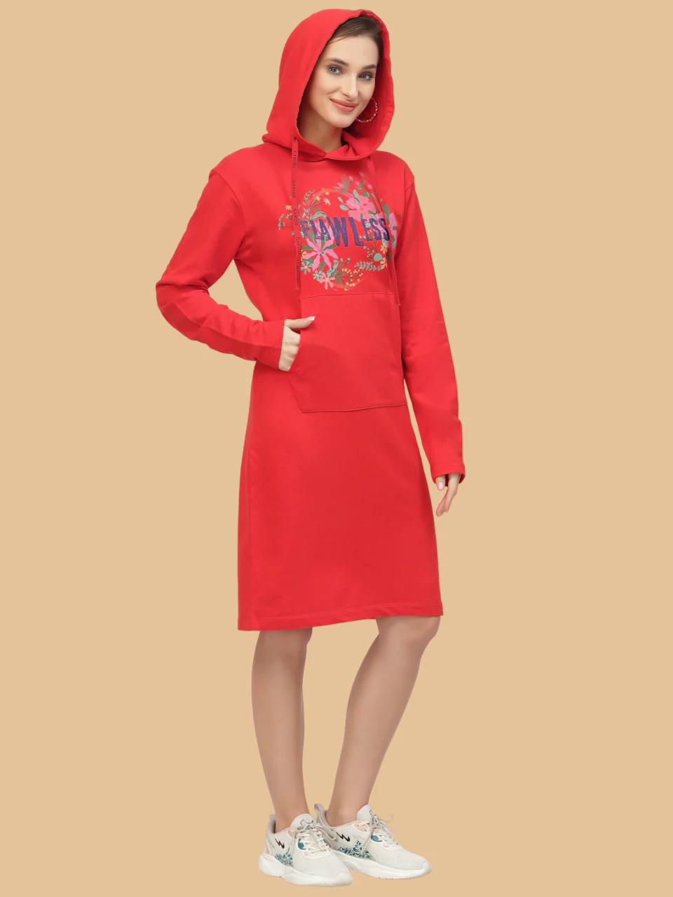 Flawless Women's Red Hooded Dress For Winter - Image 3