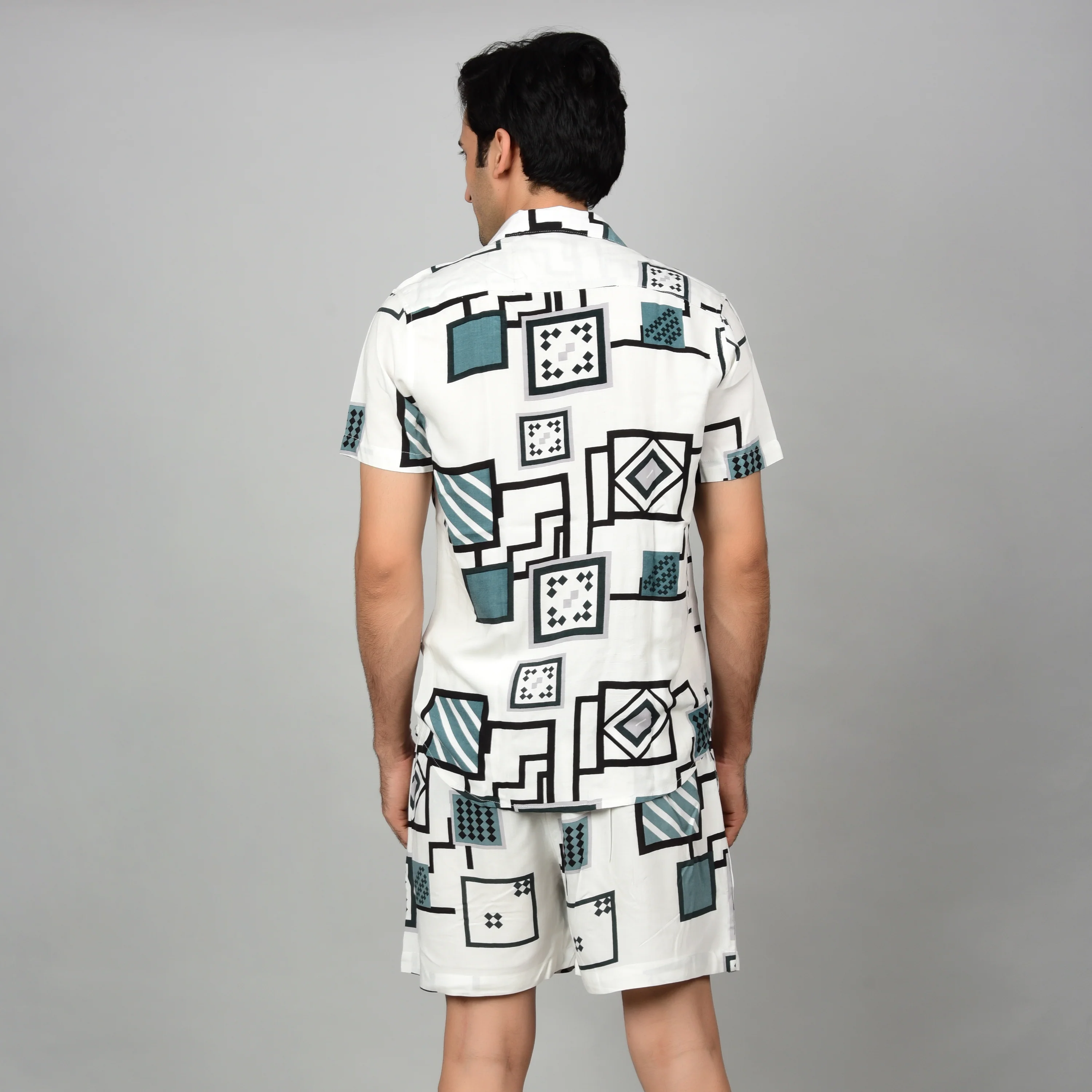 Men's Off-White Geometric Cord Set - Casual Shirt & Short Set - Image 3