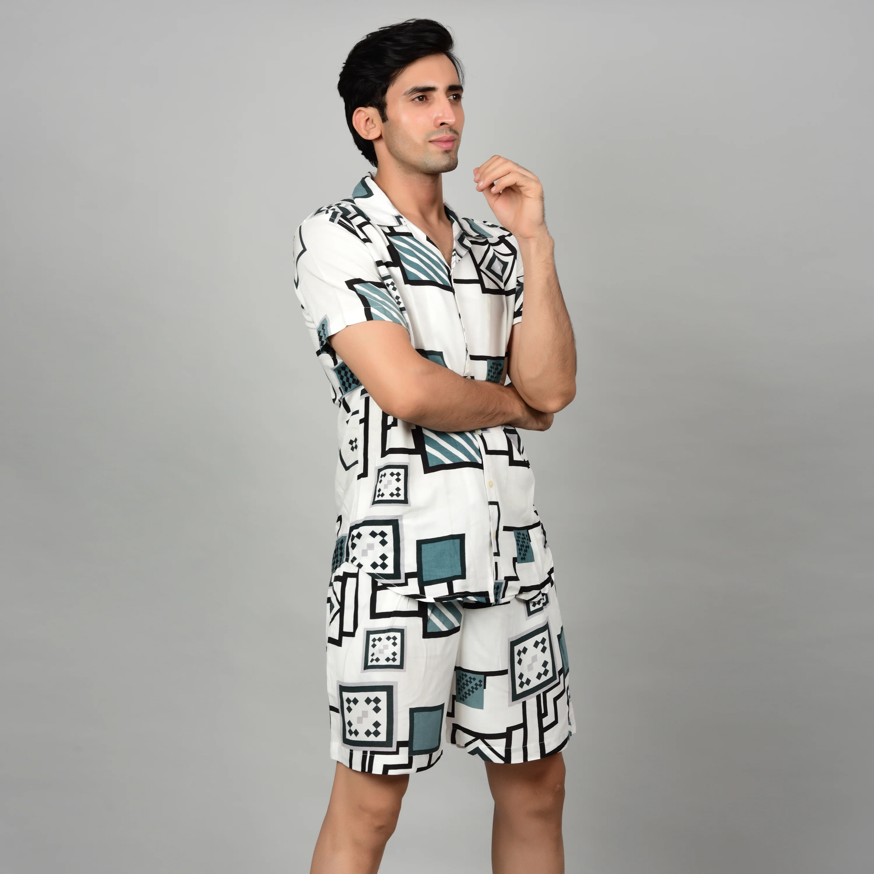 Men's Off-White Geometric Cord Set - Casual Shirt & Short Set - Image 5