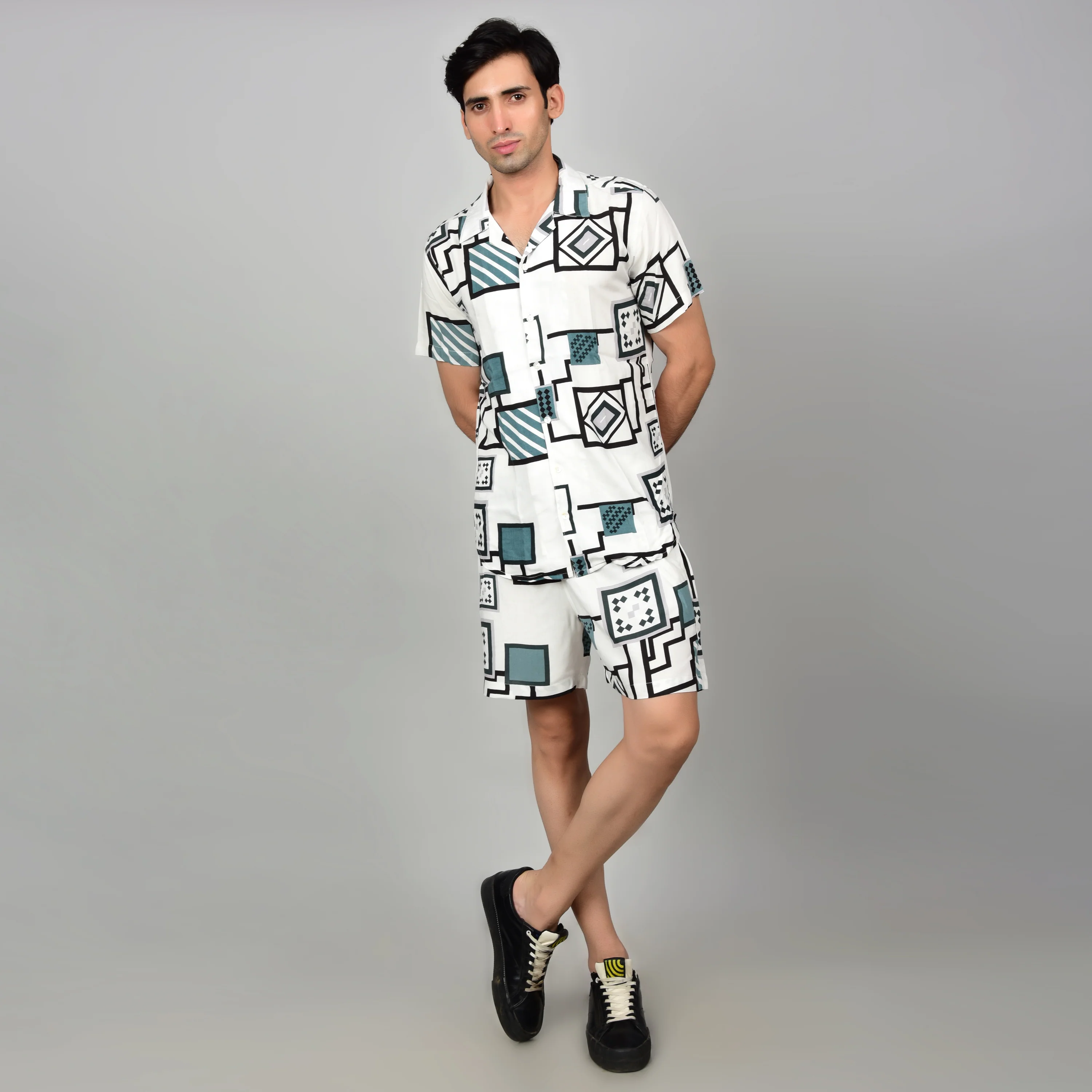 Men's Off-White Geometric Cord Set - Casual Shirt & Short Set - Image 6