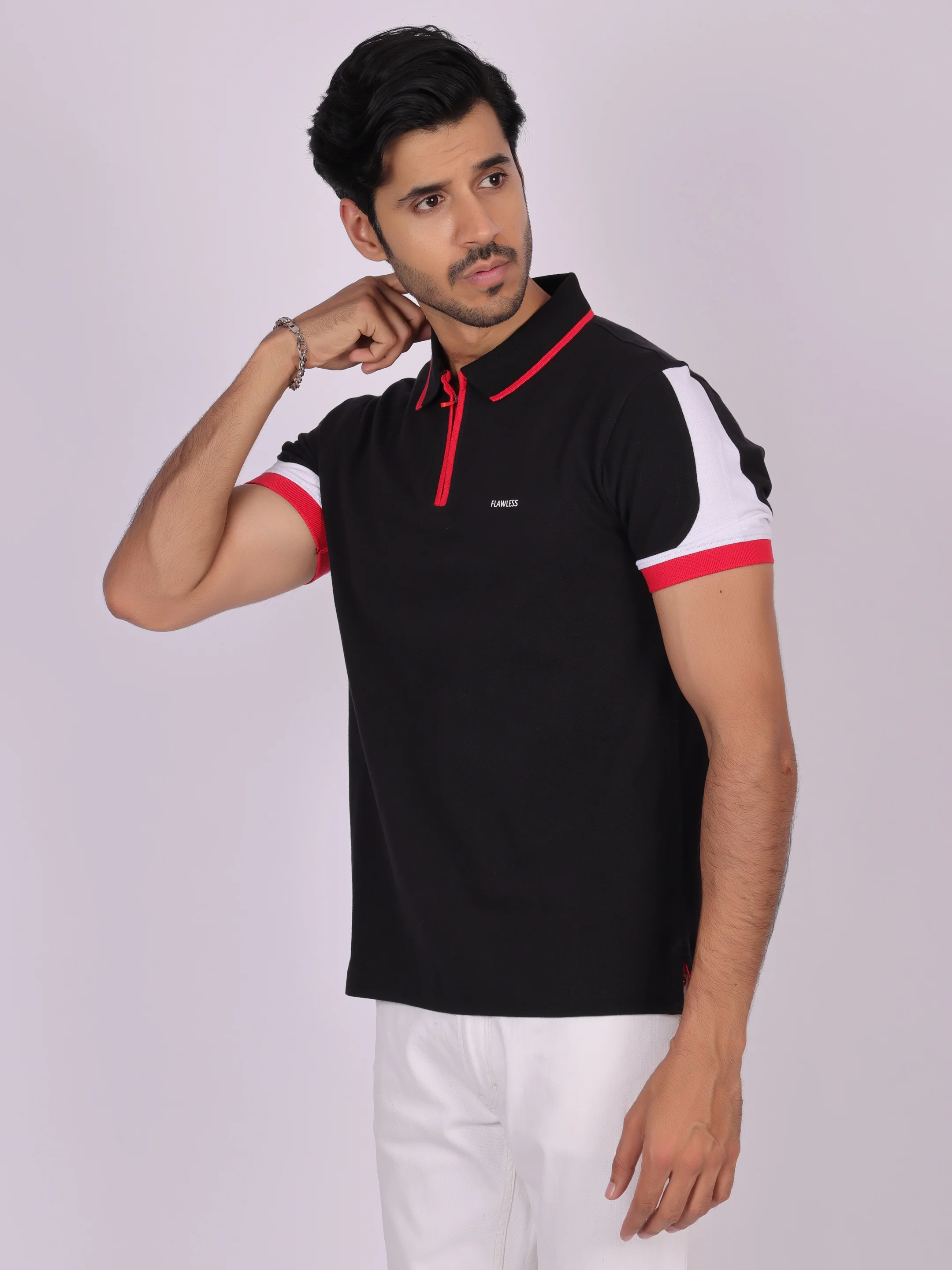 Men's Black Cotton Polo T-Shirt with Zipper- Casual, Office Wear - Image 3