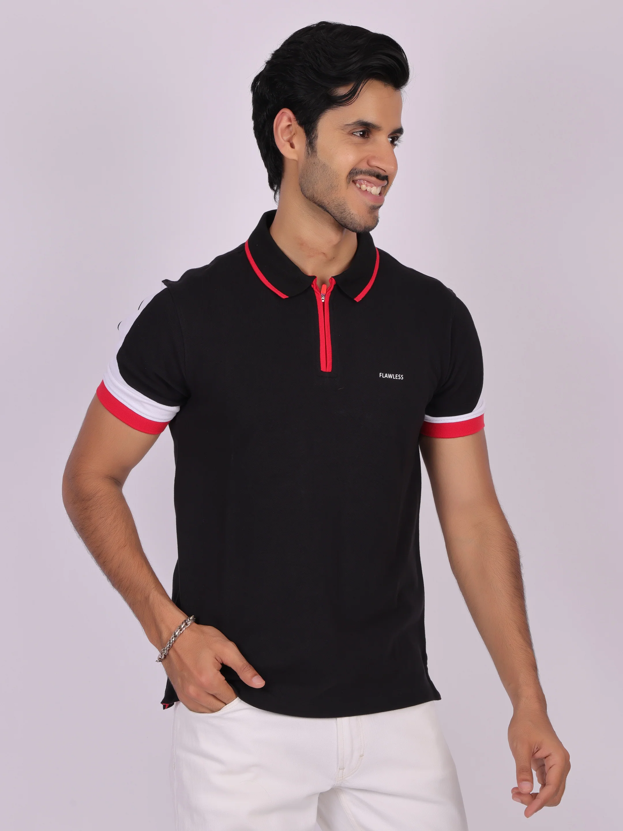 Men's Black Cotton Polo T-Shirt with Zipper- Casual, Office Wear - Image 4