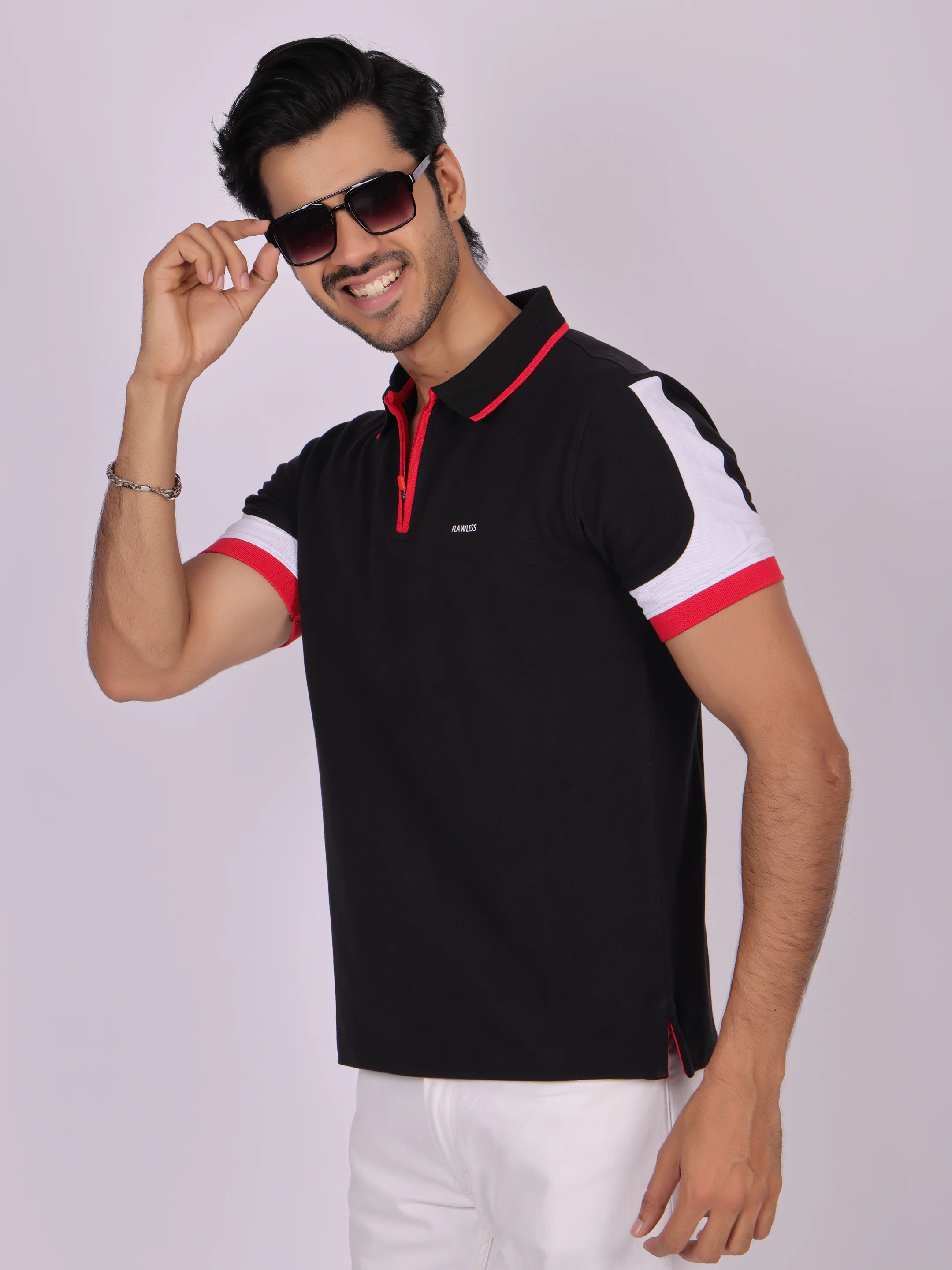 Men's Black Cotton Polo T-Shirt with Zipper- Casual, Office Wear - Image 6
