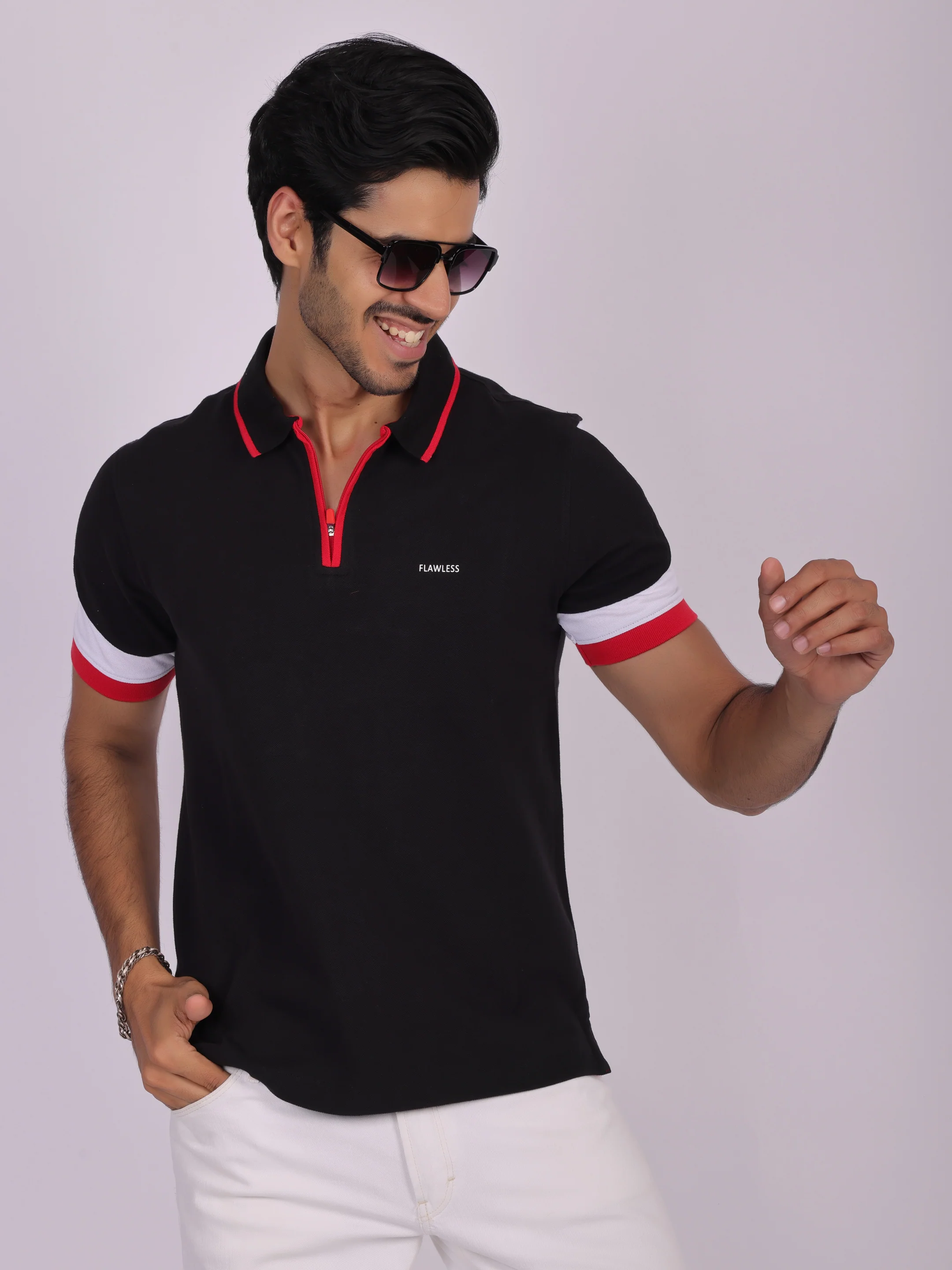 Men's Black Cotton Polo T-Shirt with Zipper- Casual, Office Wear - Image 7