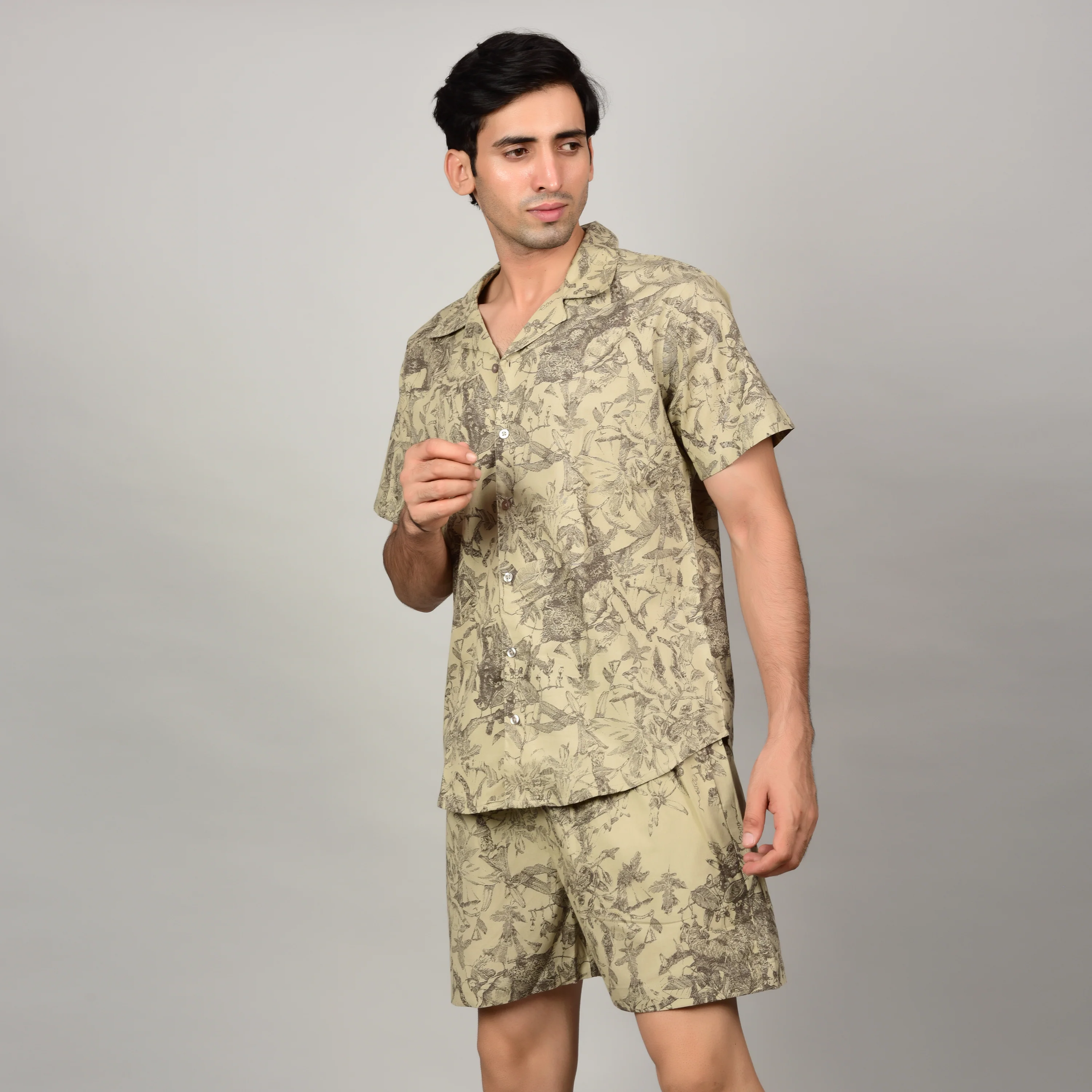 Men's Light Olive Floral Print Casual Short - Image 4