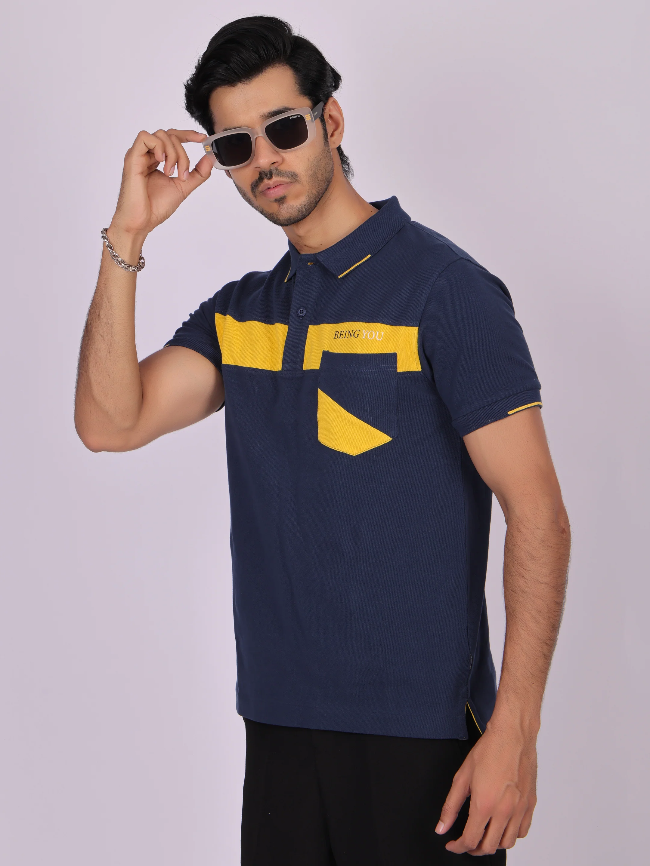 Men's Navy Blue Cotton Polo T-shirt with Yellow Accent - Casual, Comfortable, Versatile - Image 3
