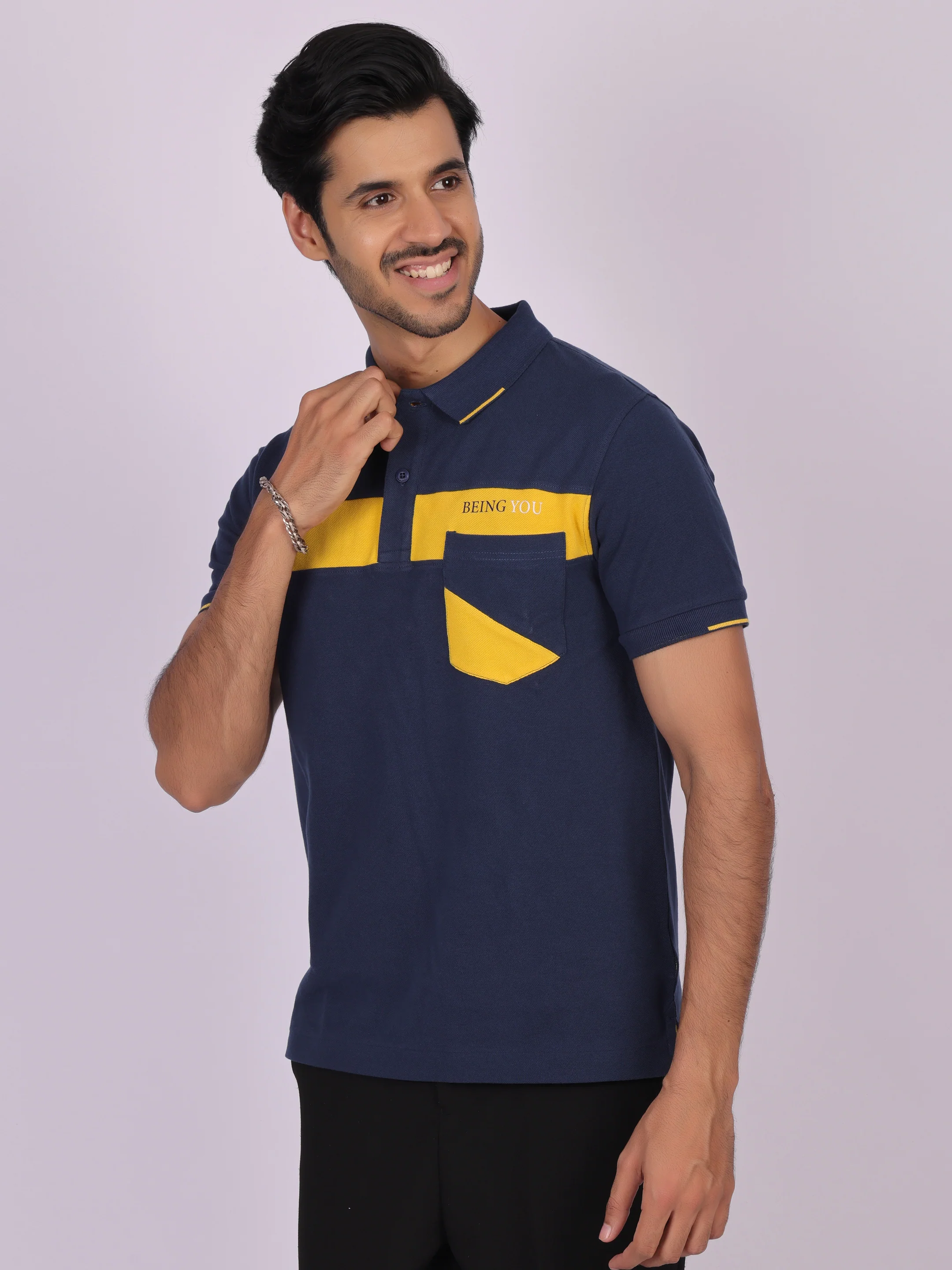 Men's Navy Blue Cotton Polo T-shirt with Yellow Accent - Casual, Comfortable, Versatile - Image 4
