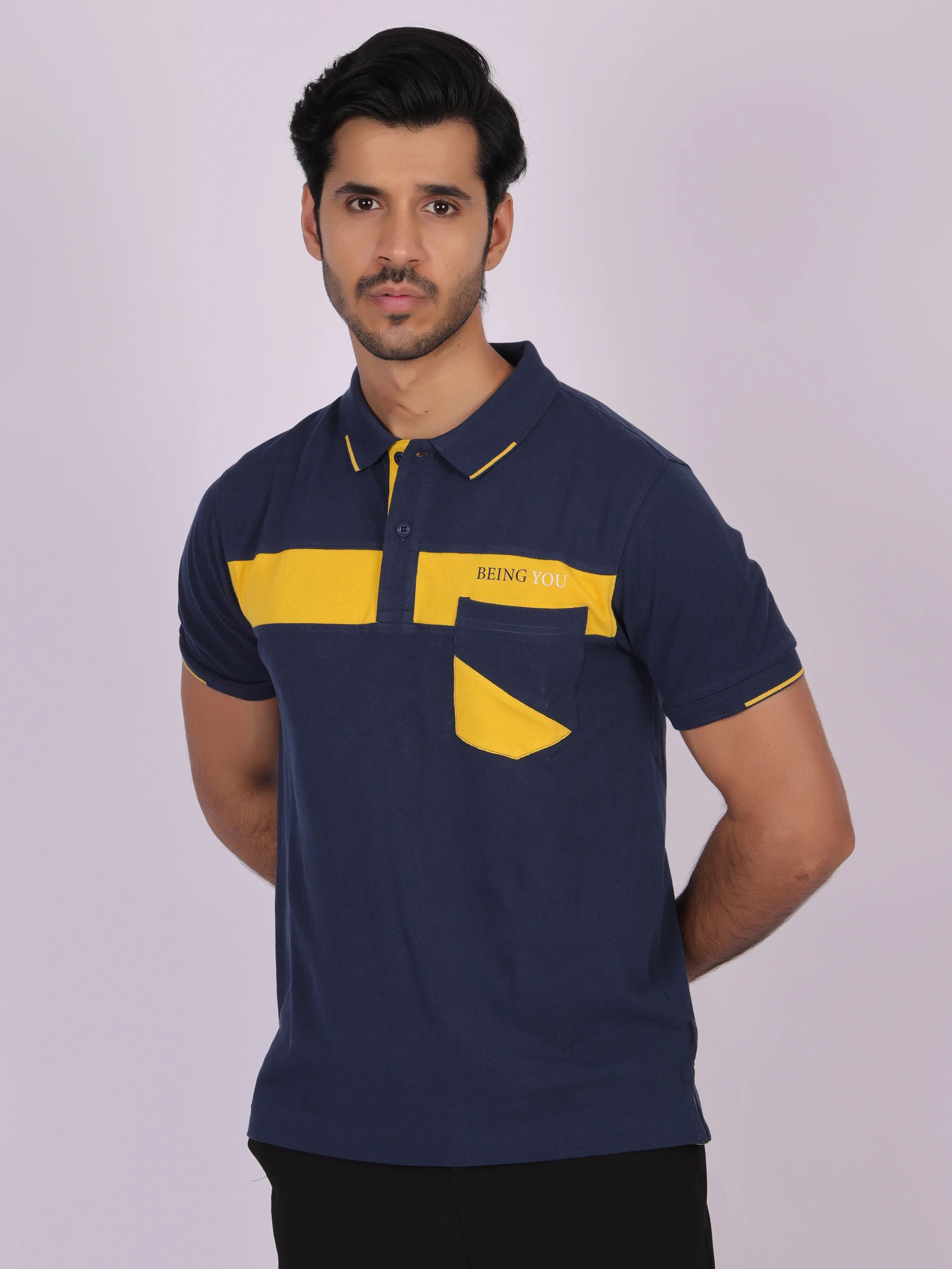 Men's Navy Blue Cotton Polo T-shirt with Yellow Accent - Casual, Comfortable, Versatile - Image 5