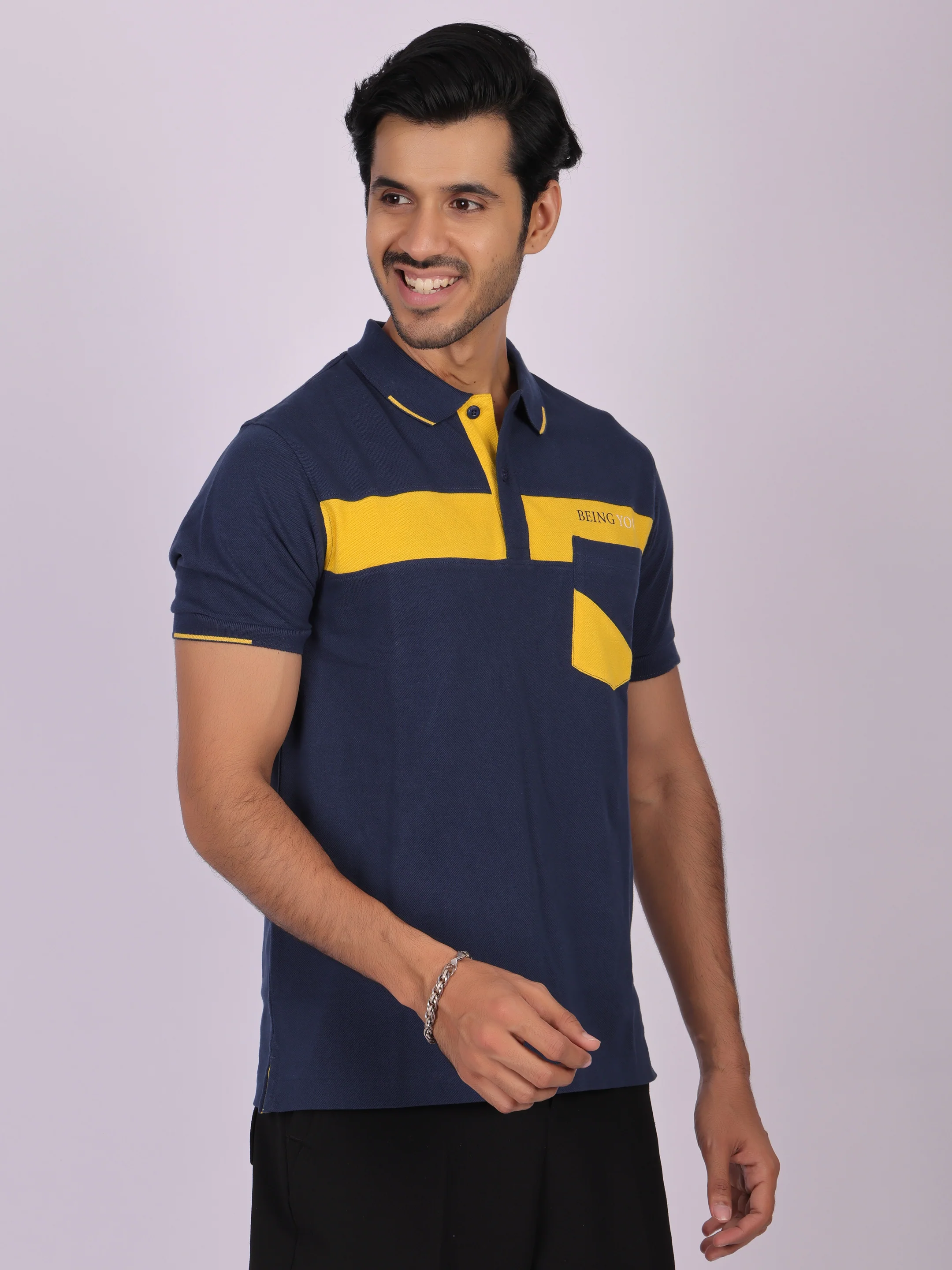Men's Navy Blue Cotton Polo T-shirt with Yellow Accent - Casual, Comfortable, Versatile - Image 6