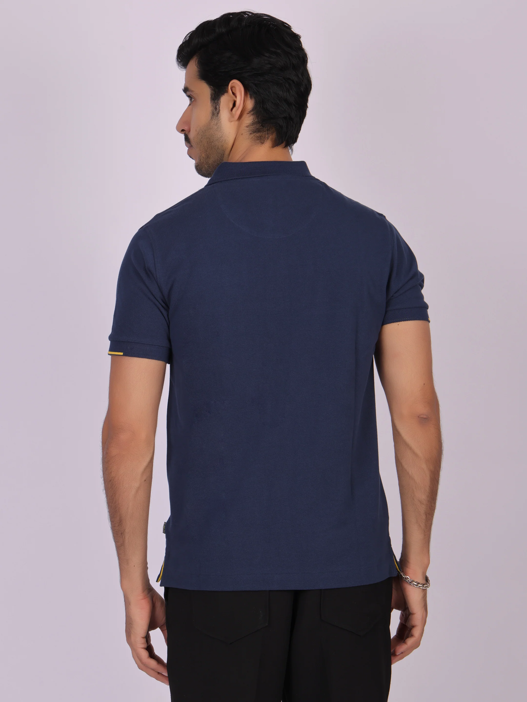 Men's Navy Blue Cotton Polo T-shirt with Yellow Accent - Casual, Comfortable, Versatile - Image 7