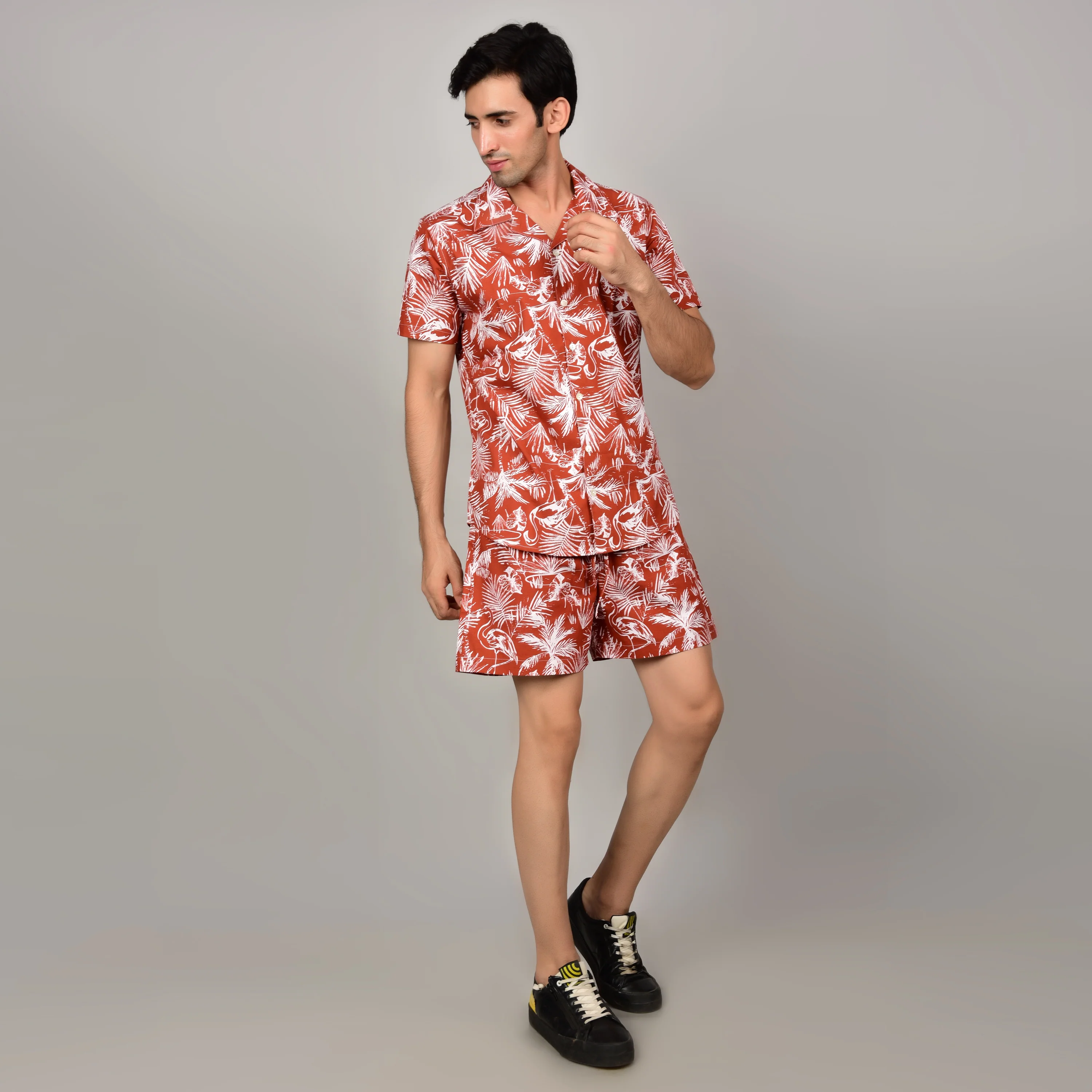 Men's Red Floral Cord Set - Casual Shirt & Short Set - Summer Style - Image 4
