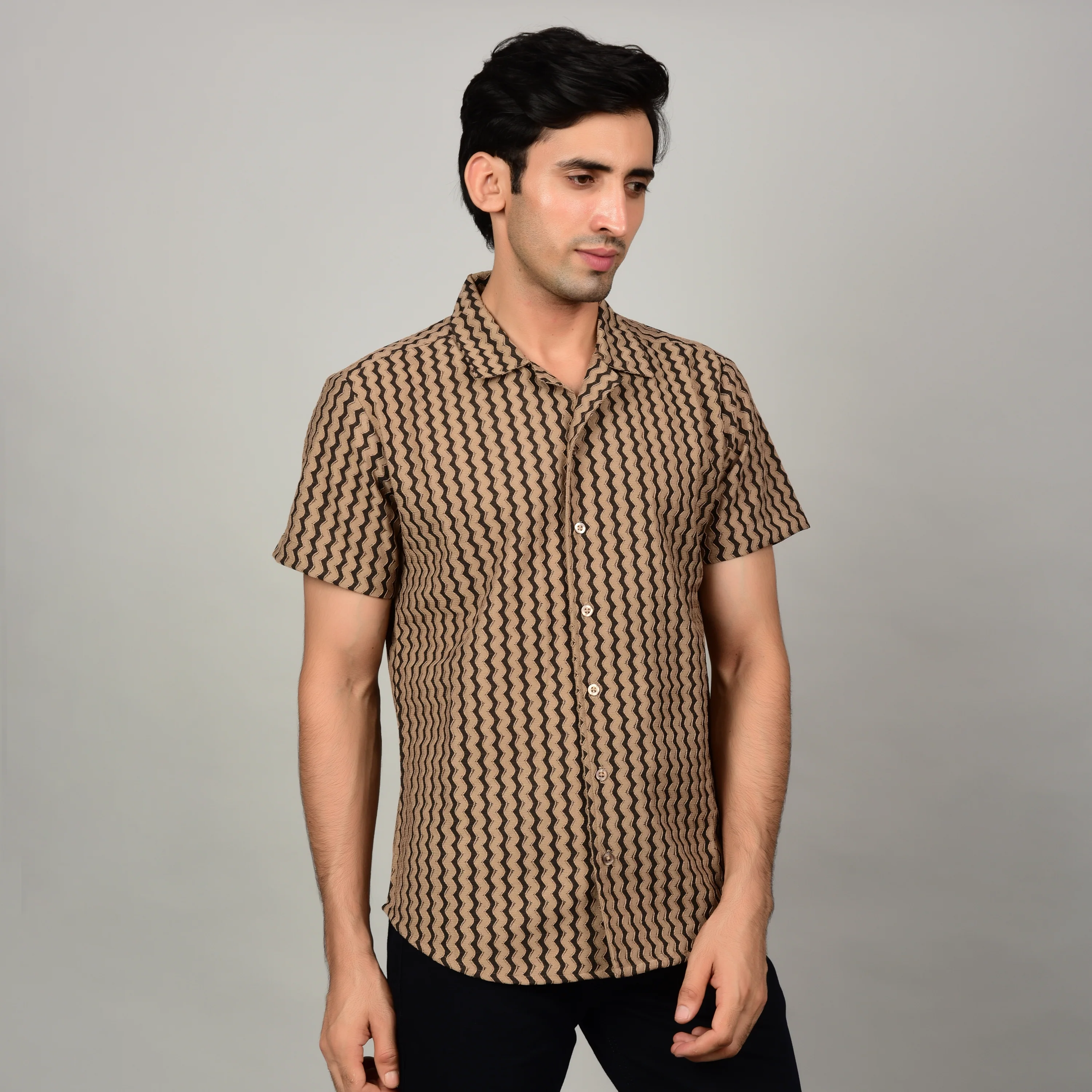 Men's Textured Brown Casual Shirt - Image 3