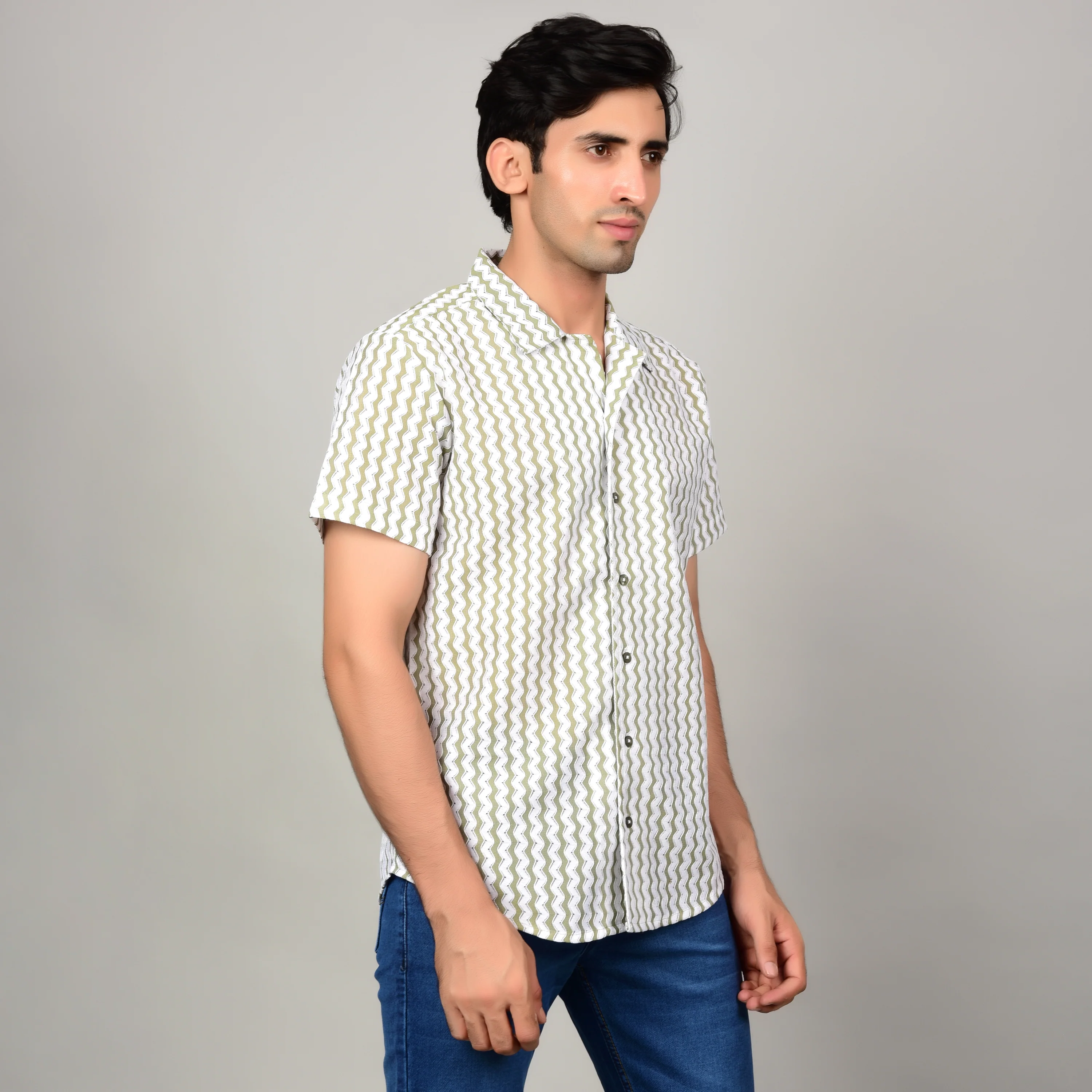 Men's Textured Casual Shirt - Sage Green & White - Image 3