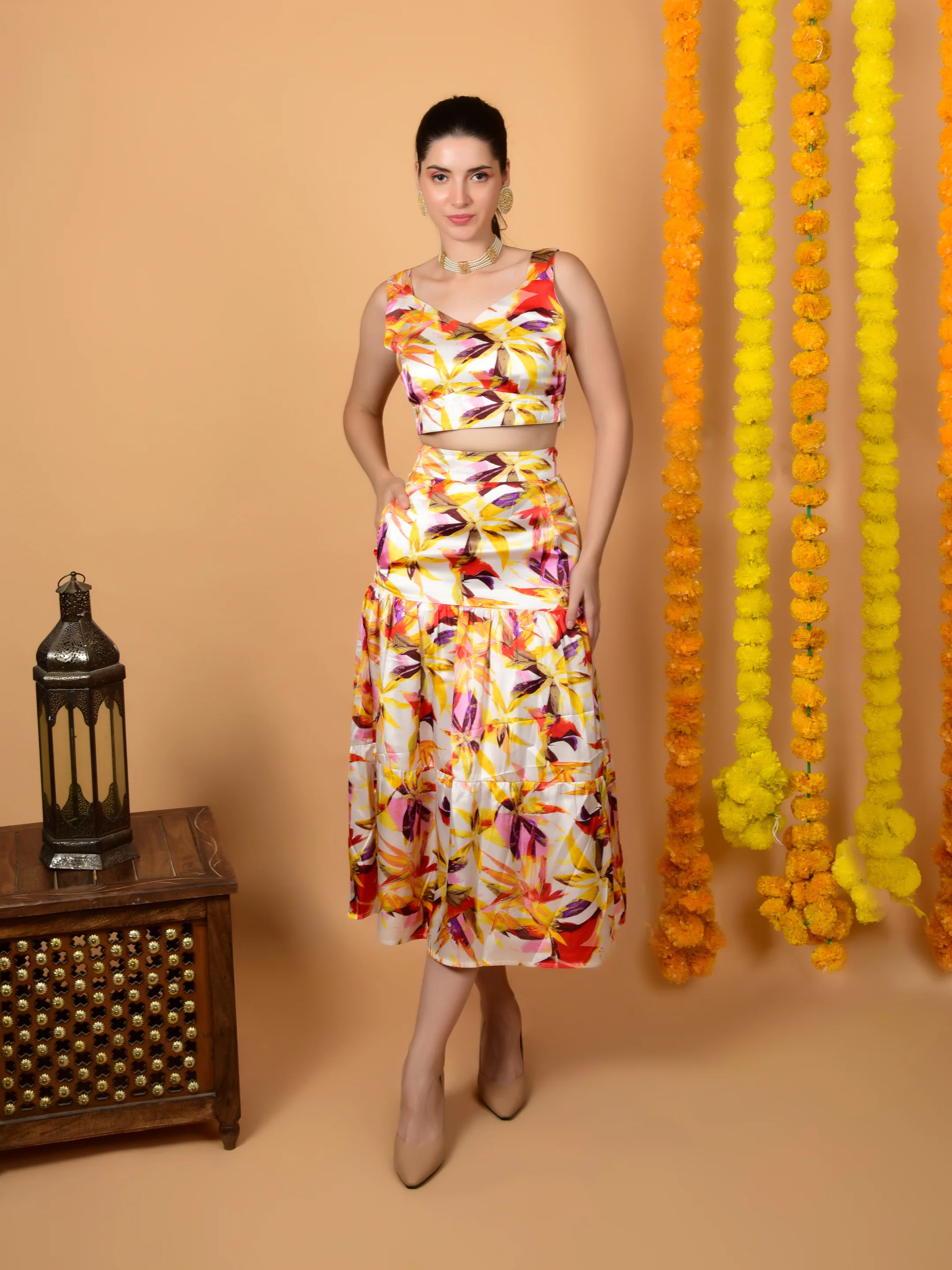 Multicolor Printed Satin Crop Top & Skirt Set - KENZY CO-ORD - Image 2