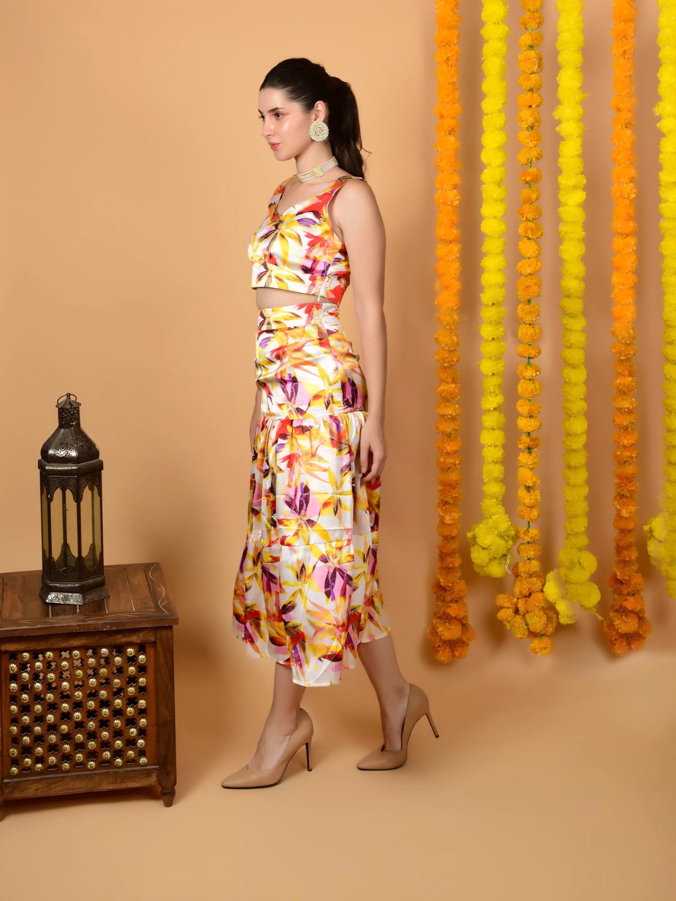 Multicolor Printed Satin Crop Top & Skirt Set - KENZY CO-ORD - Image 3